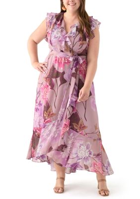 Maison Tara Women's Plus Size Short Sleeve V-Neck Floral Print Chiffon Maxi Dress, Mauve, 22W