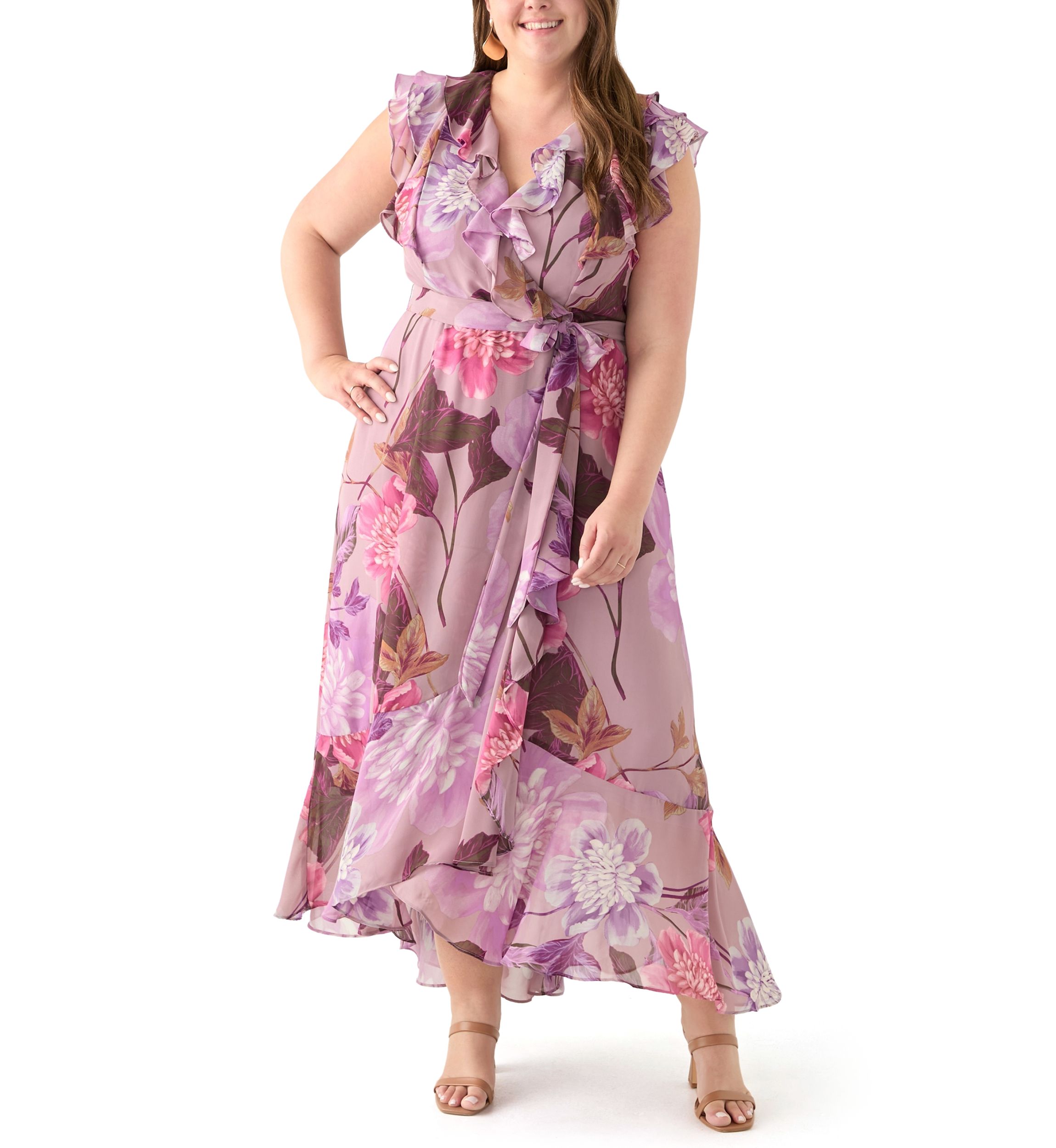 Plus Size Short Sleeve V-Neck Floral Print Chiffon Maxi Dress