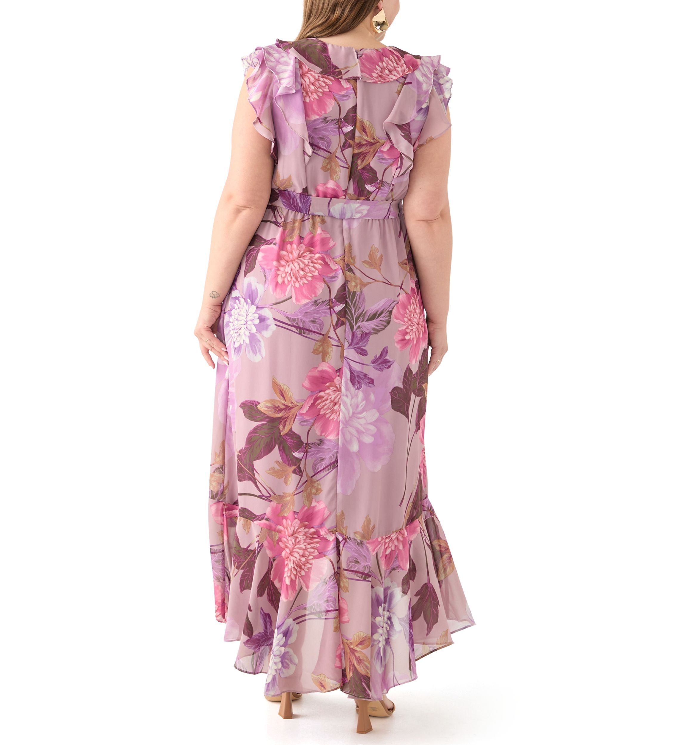 Plus Size Short Sleeve V-Neck Floral Print Chiffon Maxi Dress