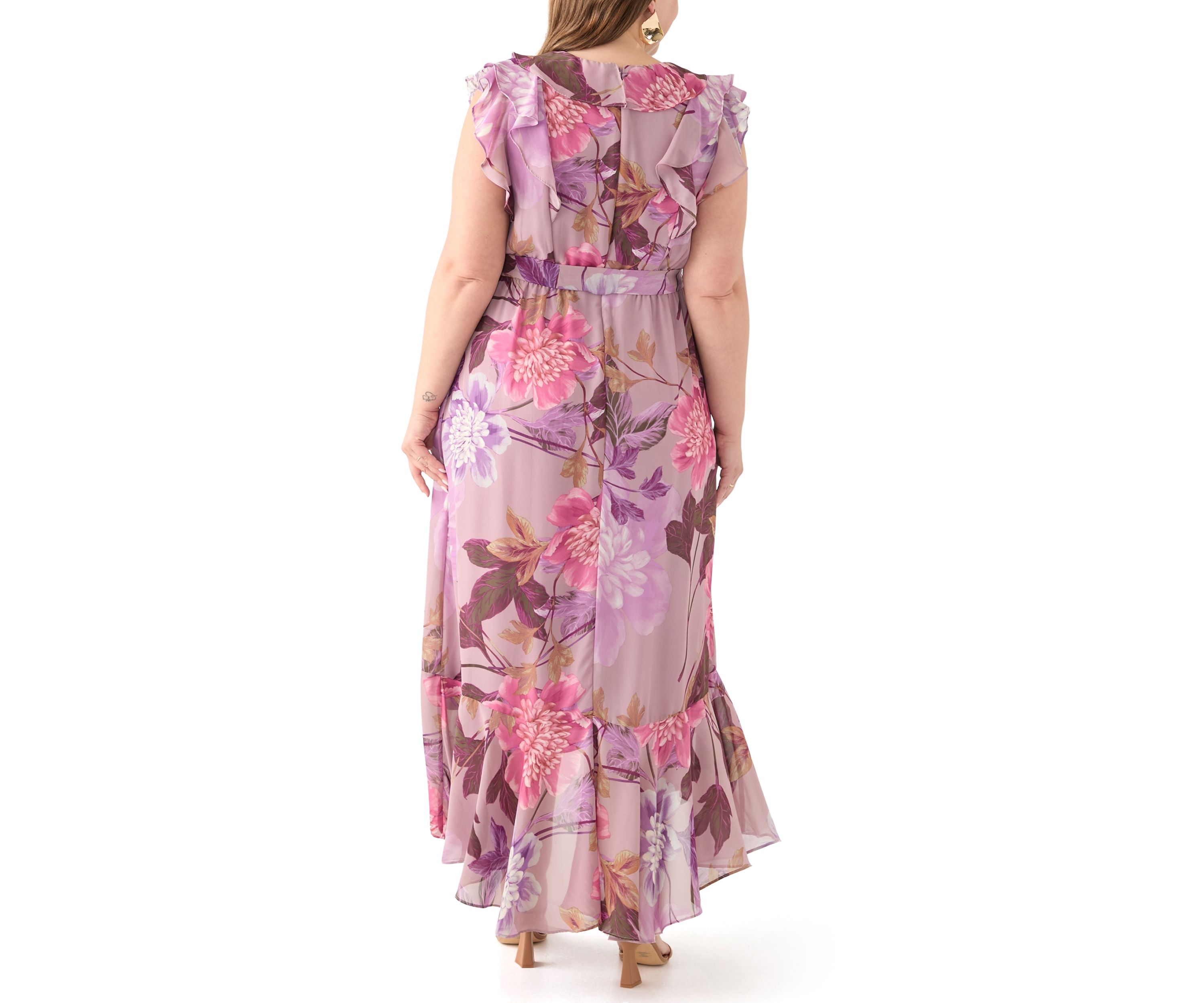 Plus Size Short Sleeve V-Neck Floral Print Chiffon Maxi Dress