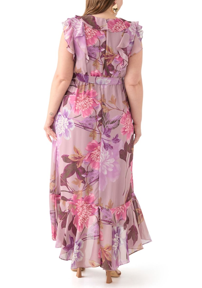 Plus Size Short Sleeve V-Neck Floral Print Chiffon Maxi Dress