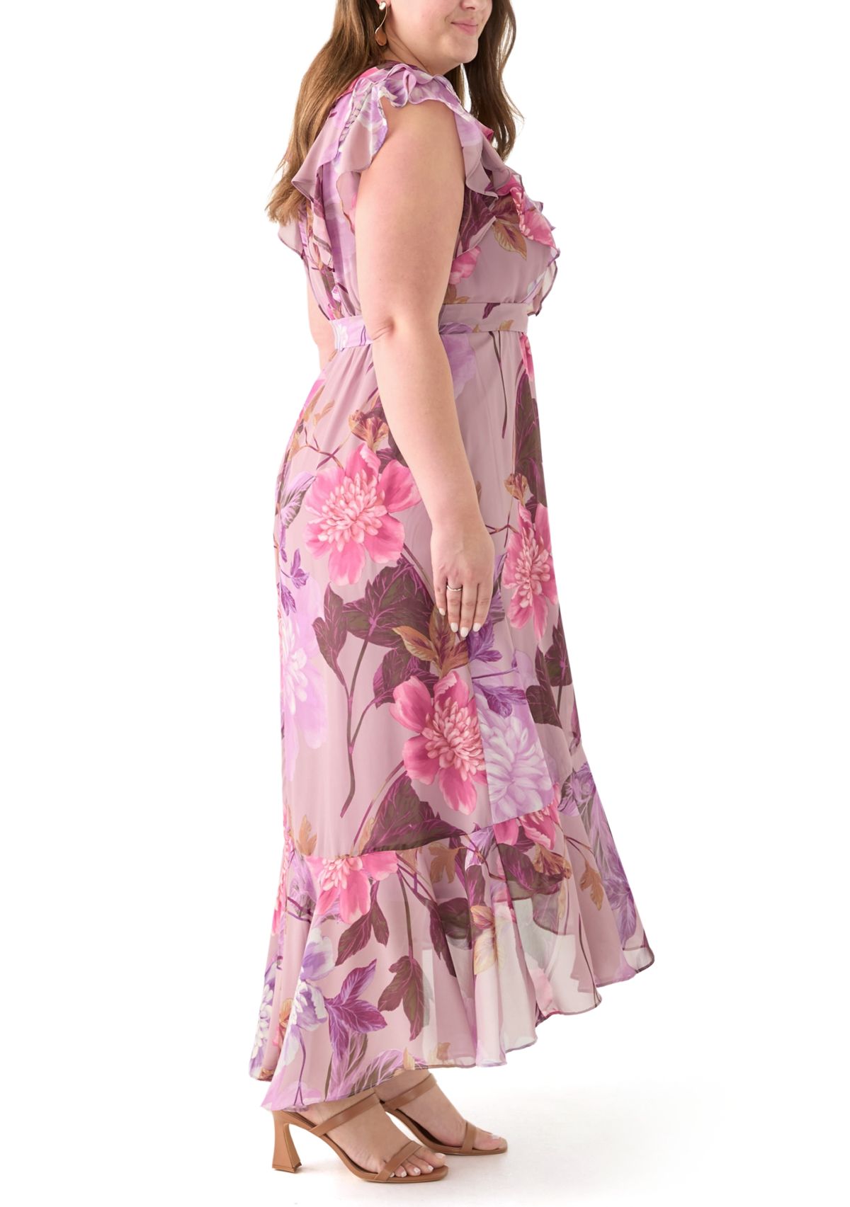 Plus Size Short Sleeve V-Neck Floral Print Chiffon Maxi Dress