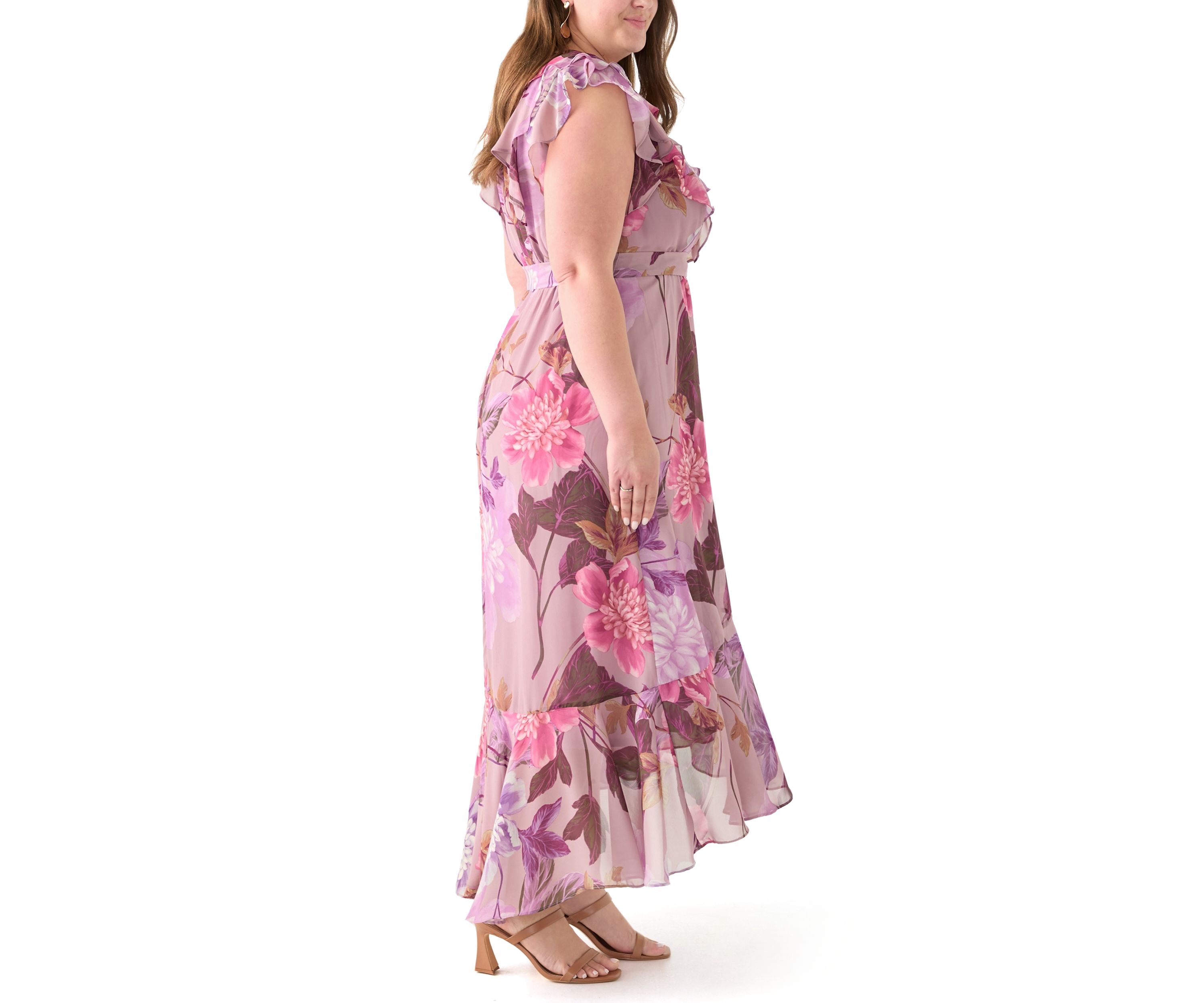 Plus Size Short Sleeve V-Neck Floral Print Chiffon Maxi Dress