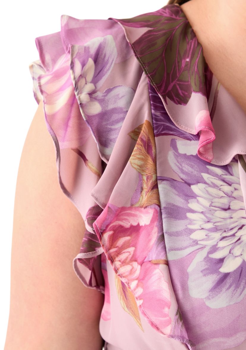 Plus Size Short Sleeve V-Neck Floral Print Chiffon Maxi Dress
