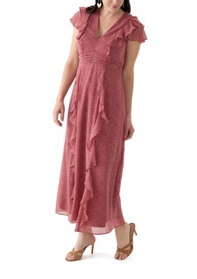 Maison Tara Women's Short Sleeve V-Neck Flutter Sleeve Printed Maxi Dress, 14