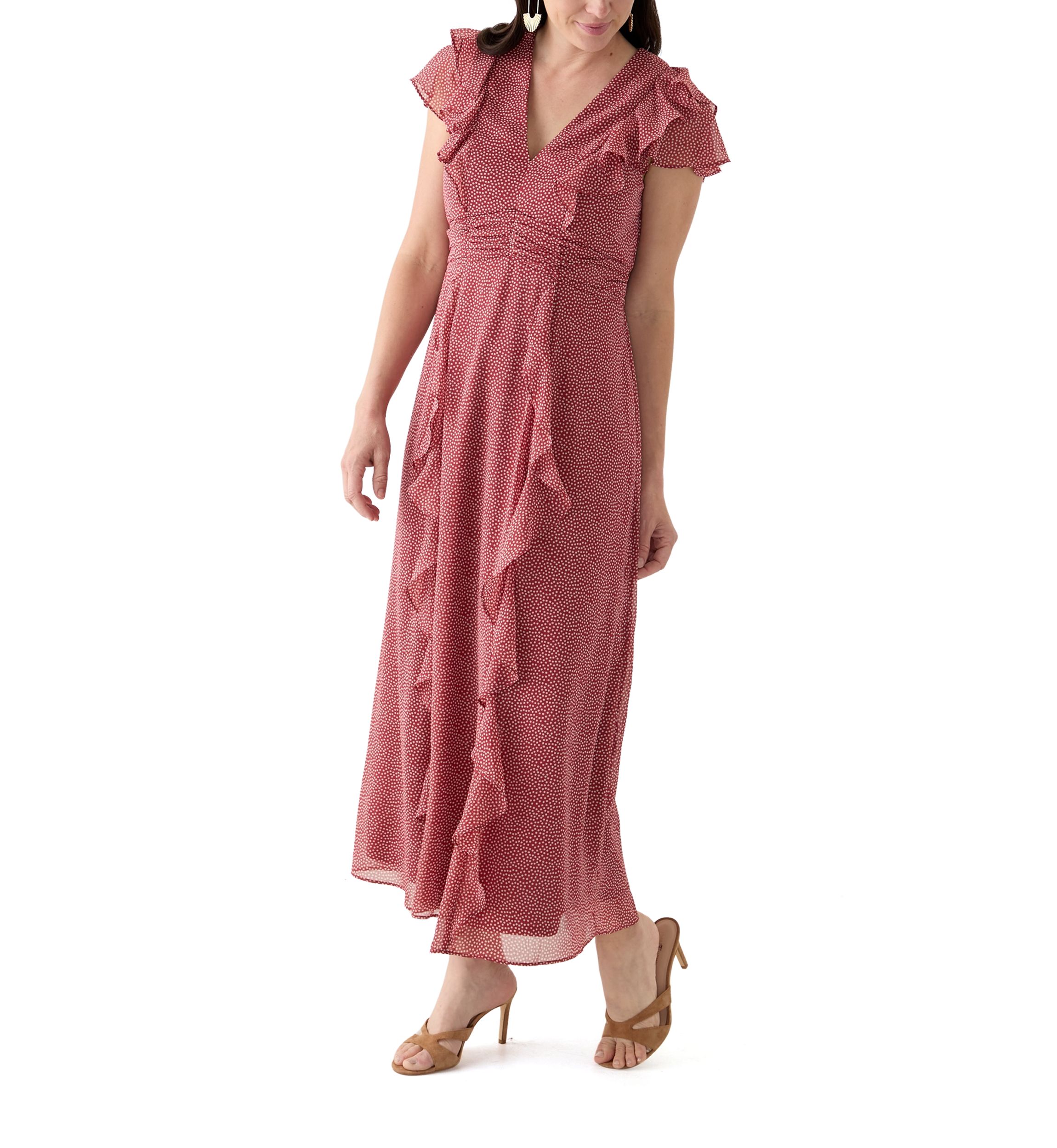 Womens Short Sleeve V-Neck Flutter Sleeve Printed Maxi Dress