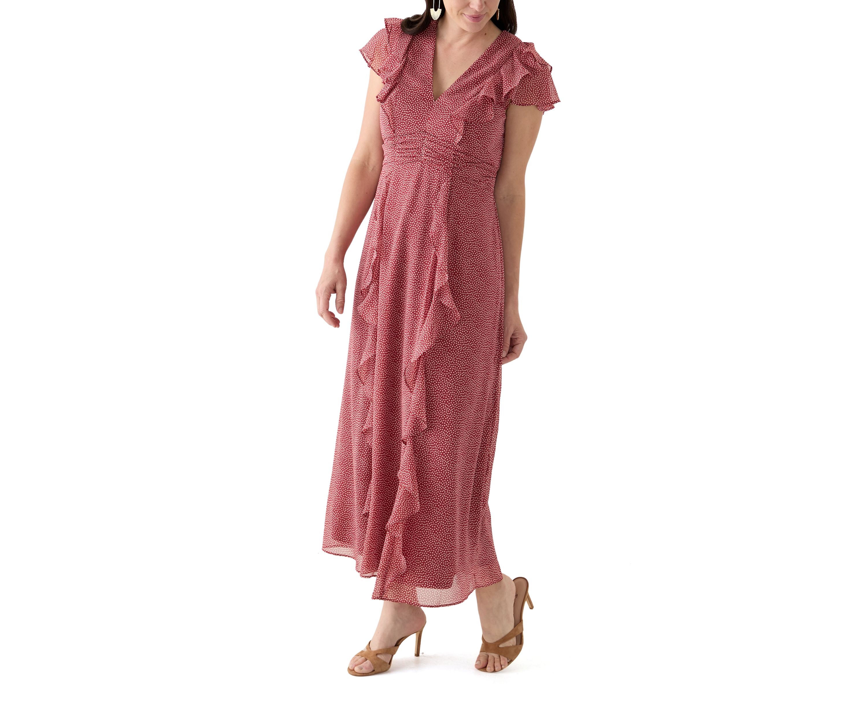 Womens Short Sleeve V-Neck Flutter Sleeve Printed Maxi Dress