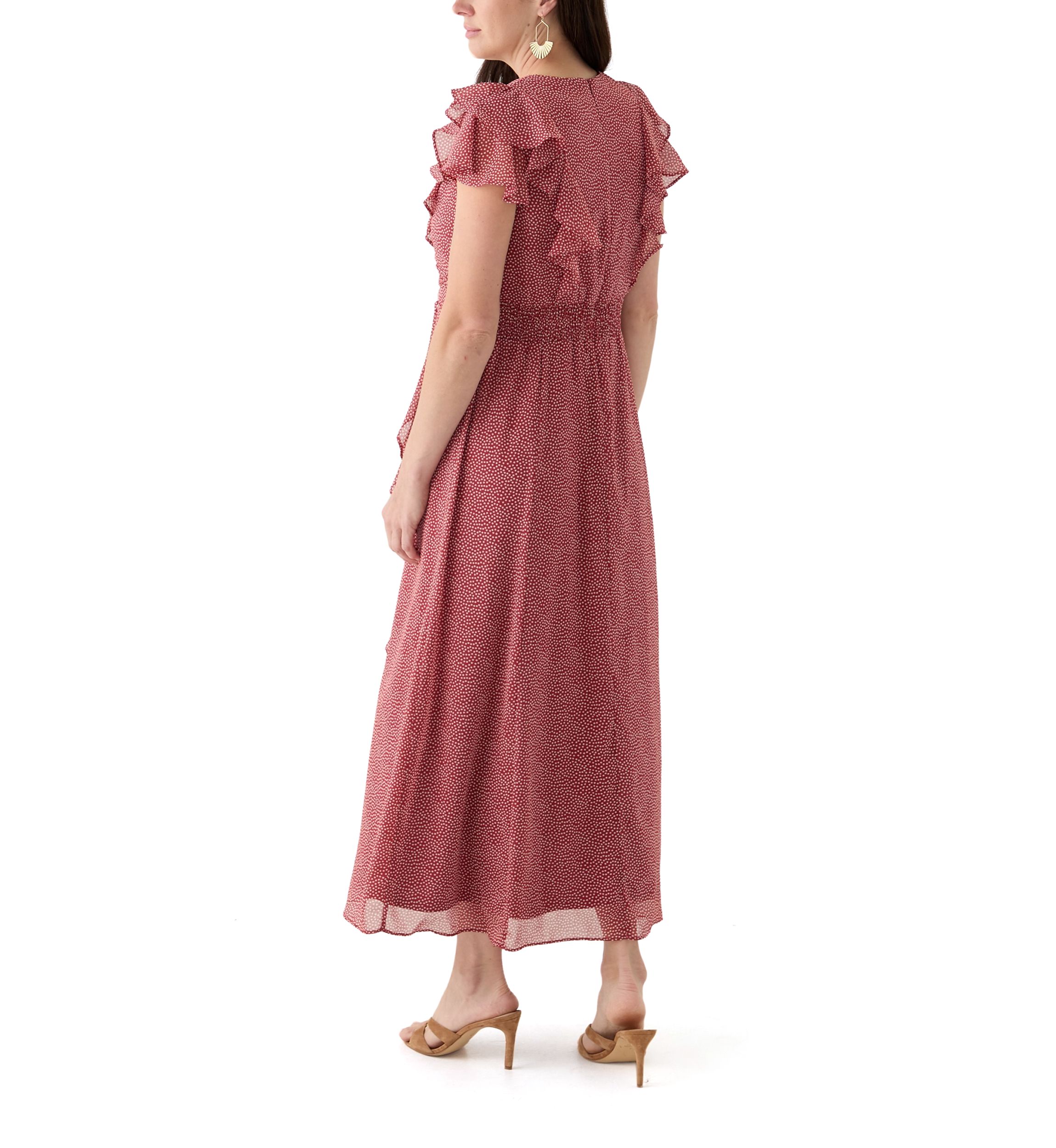 Womens Short Sleeve V-Neck Flutter Sleeve Printed Maxi Dress