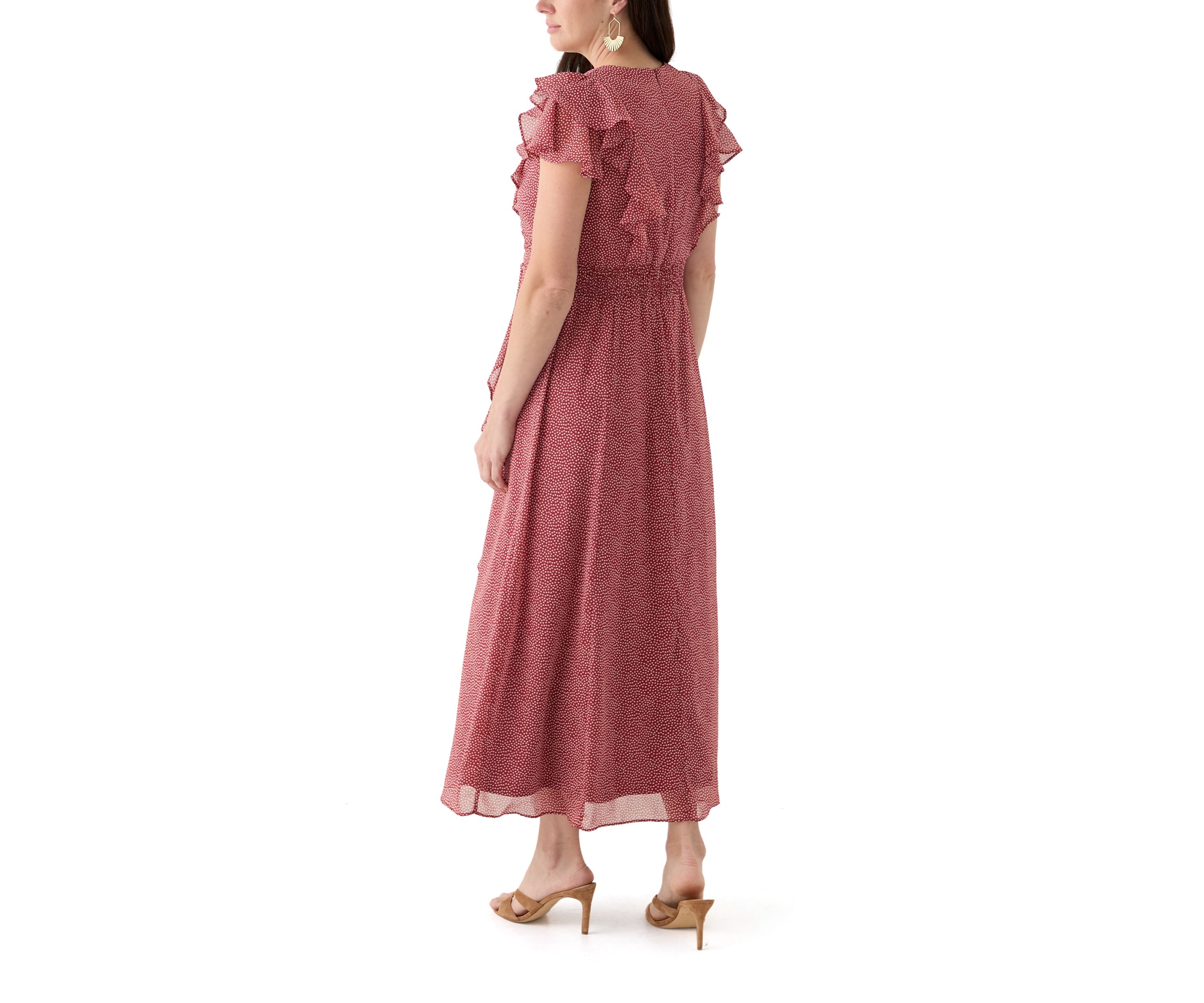 Womens Short Sleeve V-Neck Flutter Sleeve Printed Maxi Dress