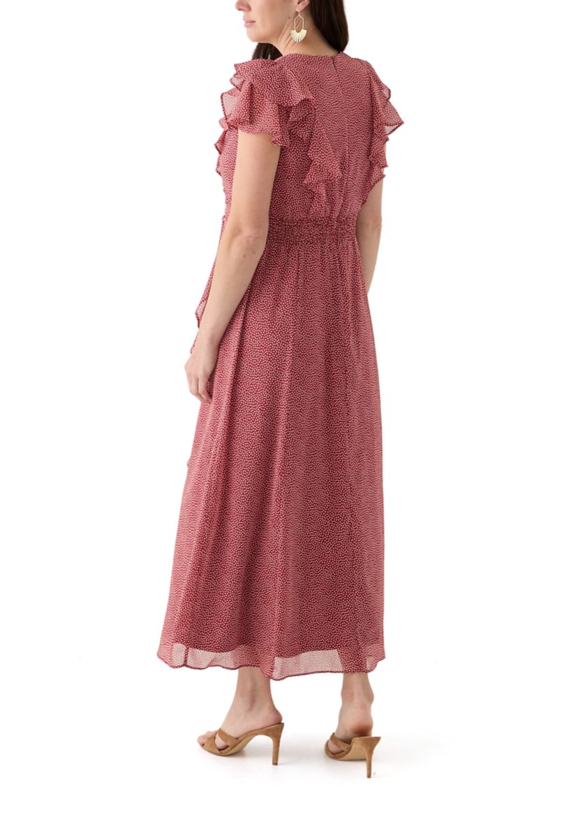 Womens Short Sleeve V-Neck Flutter Sleeve Printed Maxi Dress