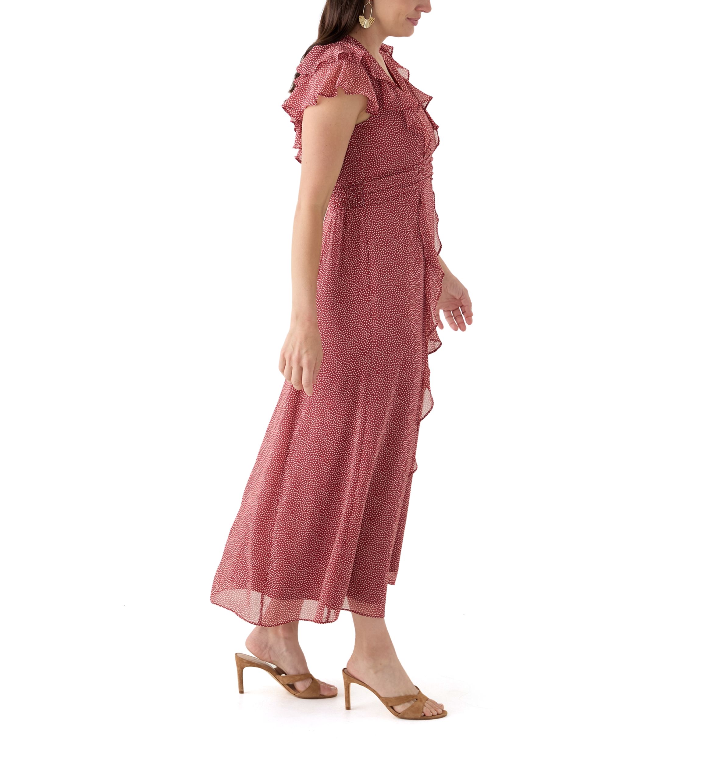 Womens Short Sleeve V-Neck Flutter Sleeve Printed Maxi Dress