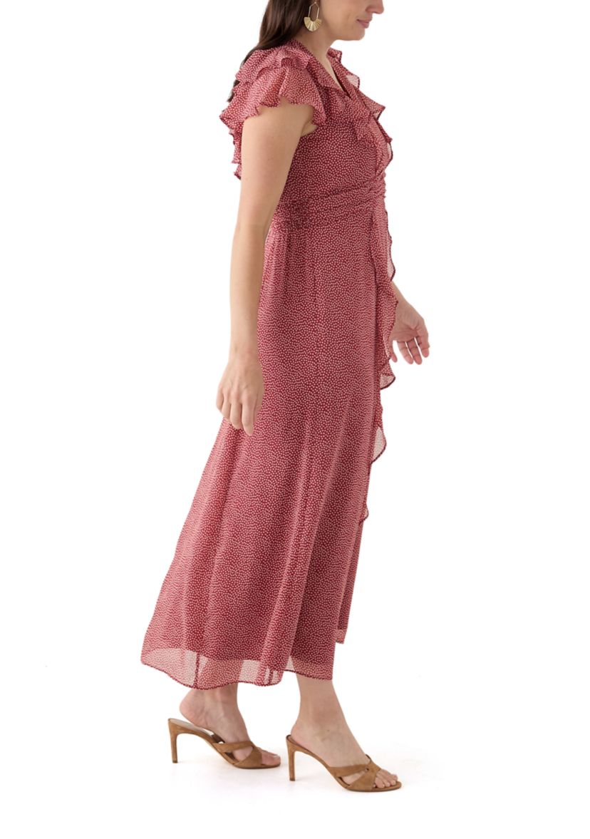 Womens Short Sleeve V-Neck Flutter Sleeve Printed Maxi Dress