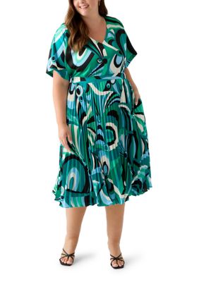Maison Tara Women's Plus Size V-Neck Abstract Fit and Flare Dress