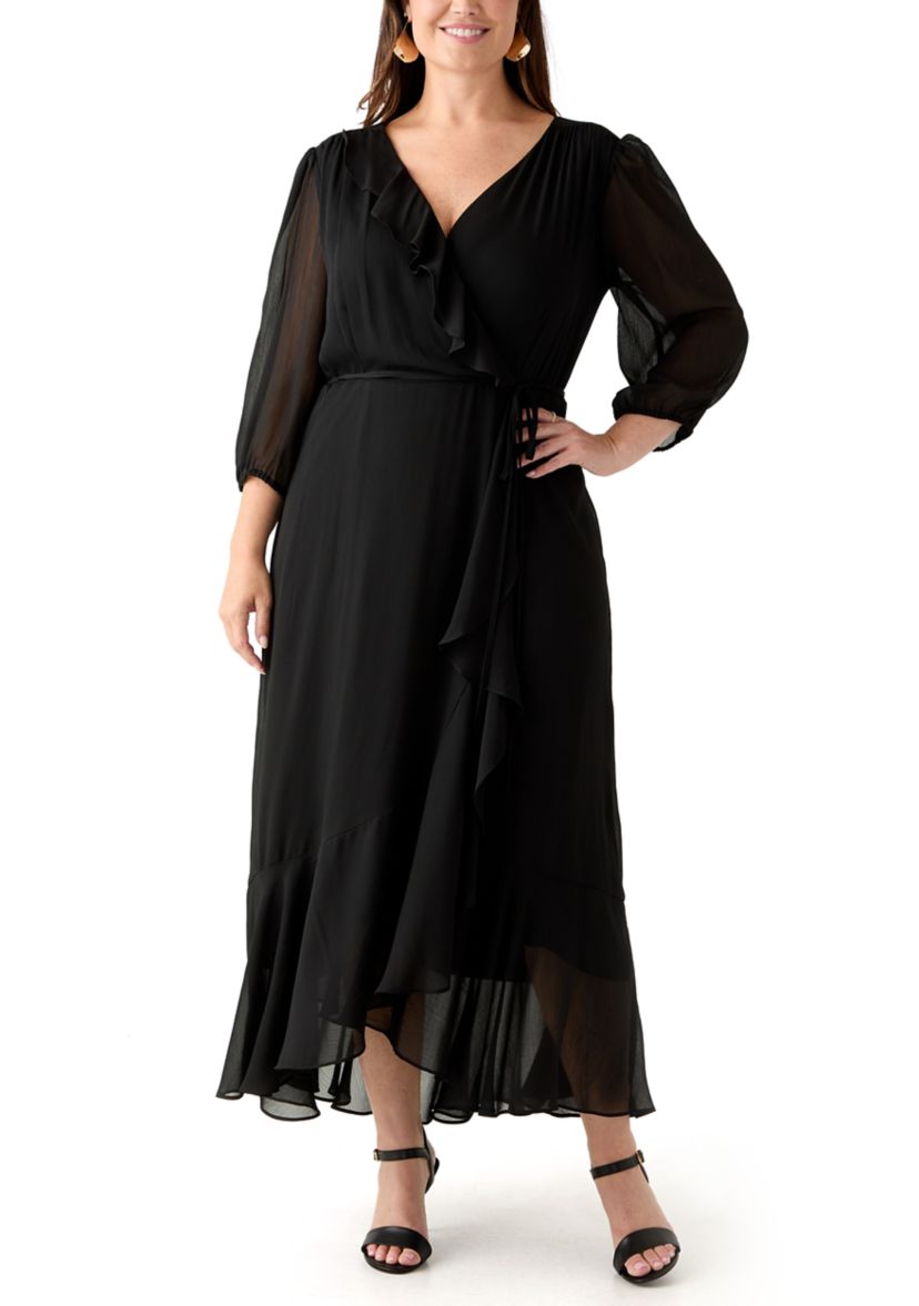  Plus Size 3/4 Blouson Sleeve Chiffon Maxi Dress