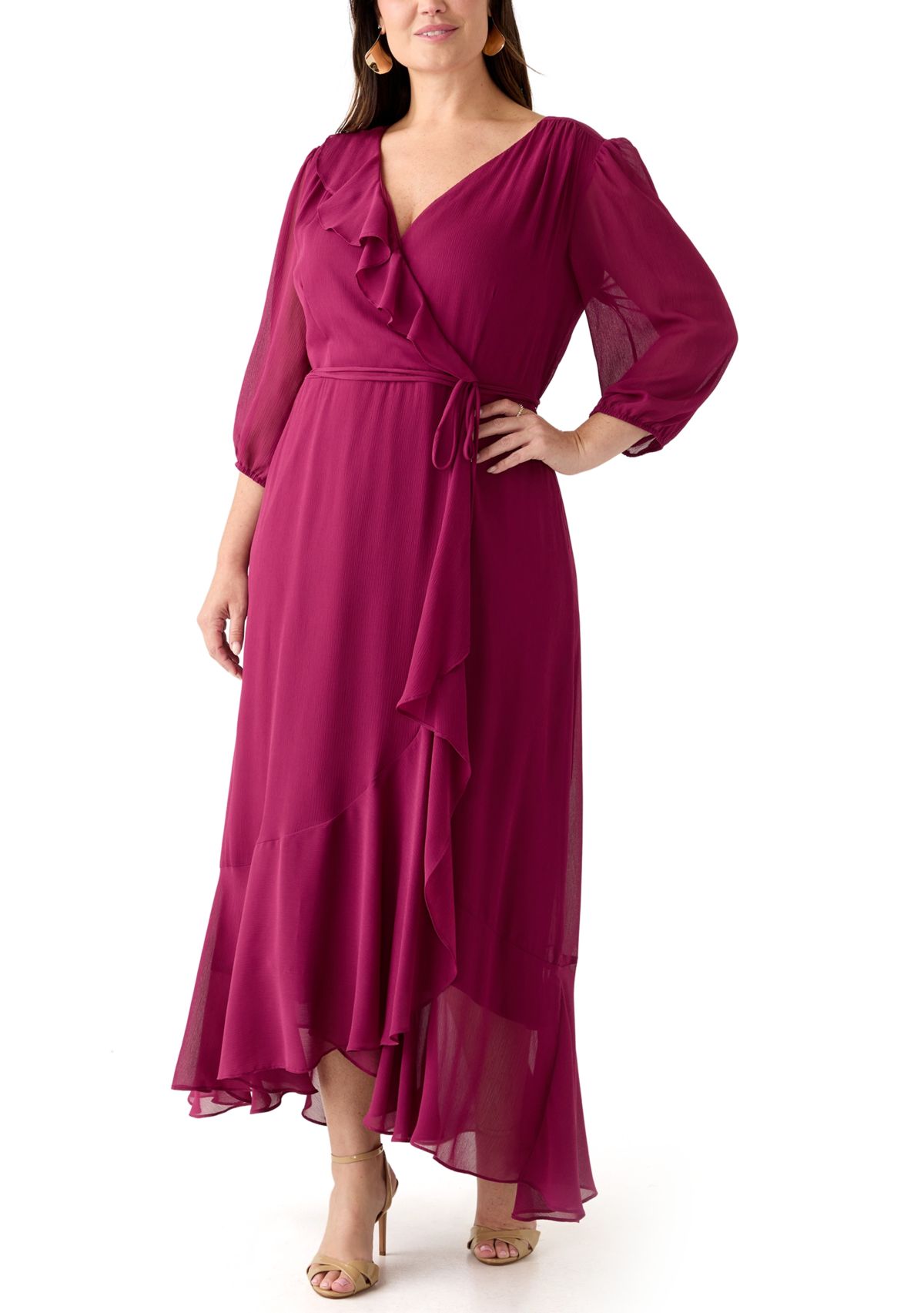  Plus Size 3/4 Blouson Sleeve Chiffon Maxi Dress