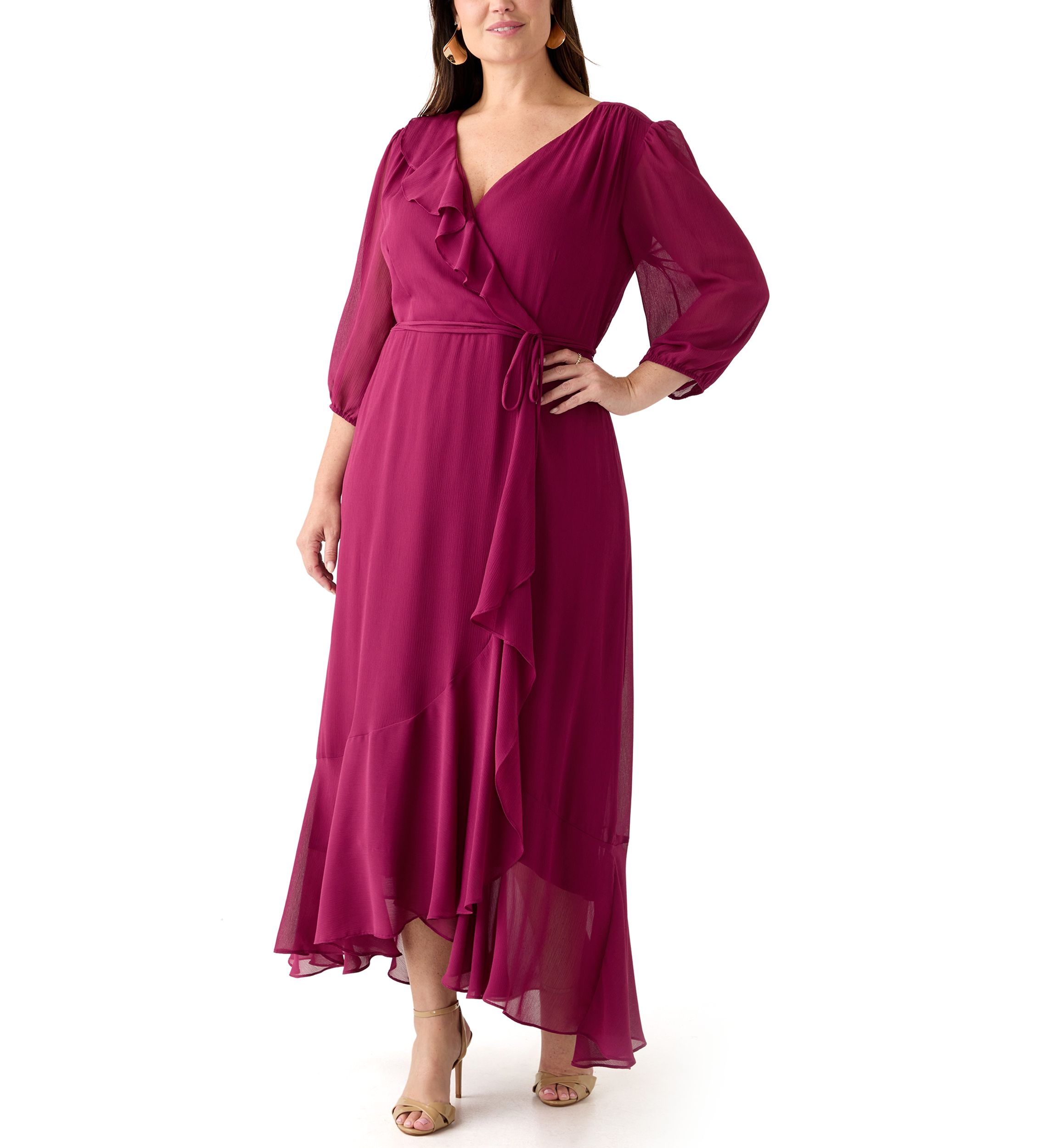  Plus Size 3/4 Blouson Sleeve Chiffon Maxi Dress