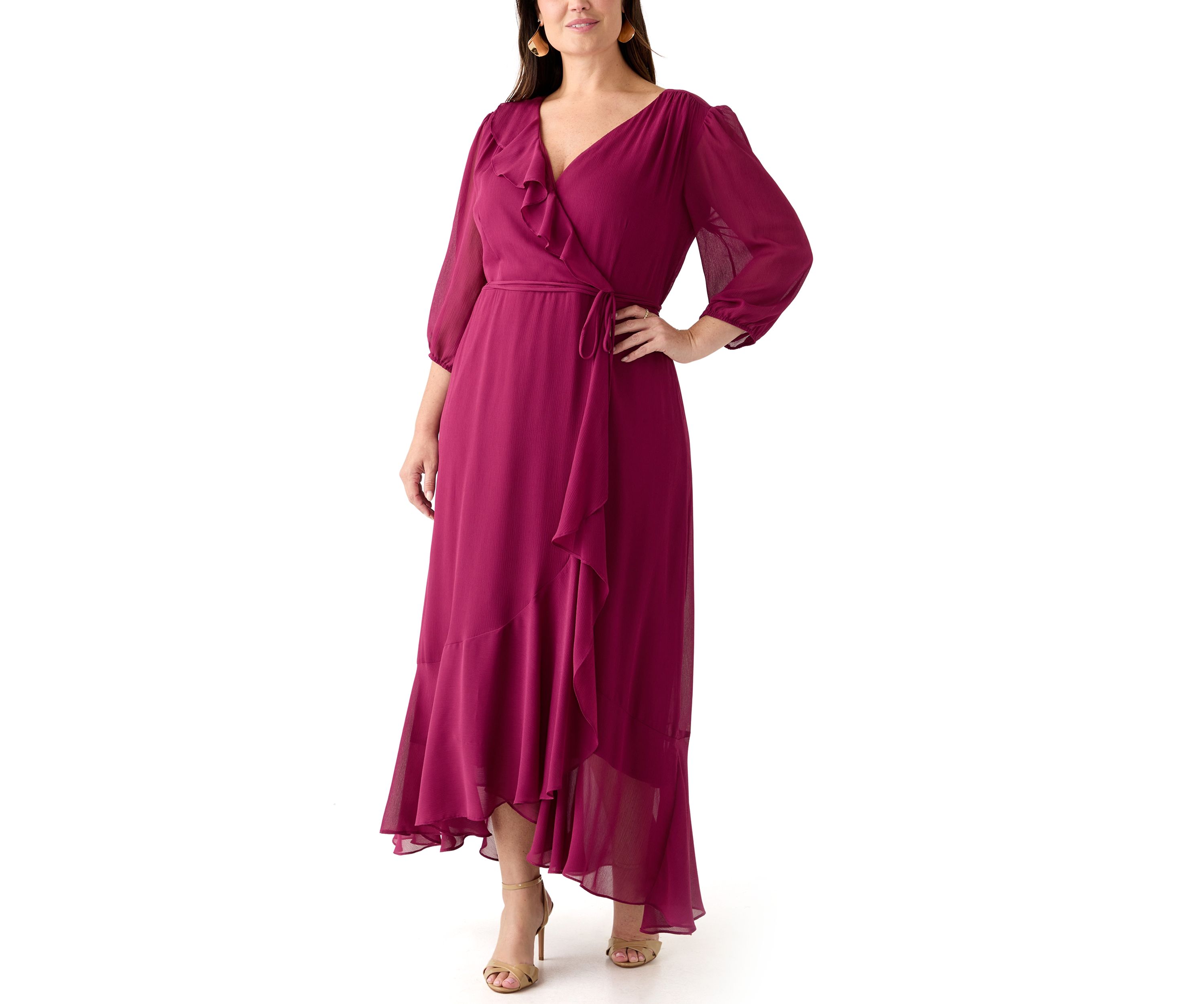  Plus Size 3/4 Blouson Sleeve Chiffon Maxi Dress