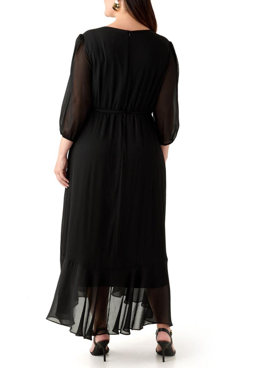  Plus Size 3/4 Blouson Sleeve Chiffon Maxi Dress