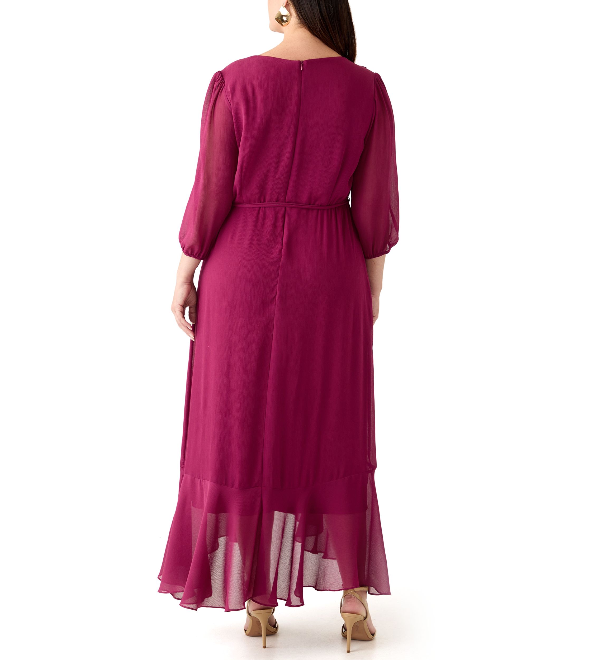  Plus Size 3/4 Blouson Sleeve Chiffon Maxi Dress