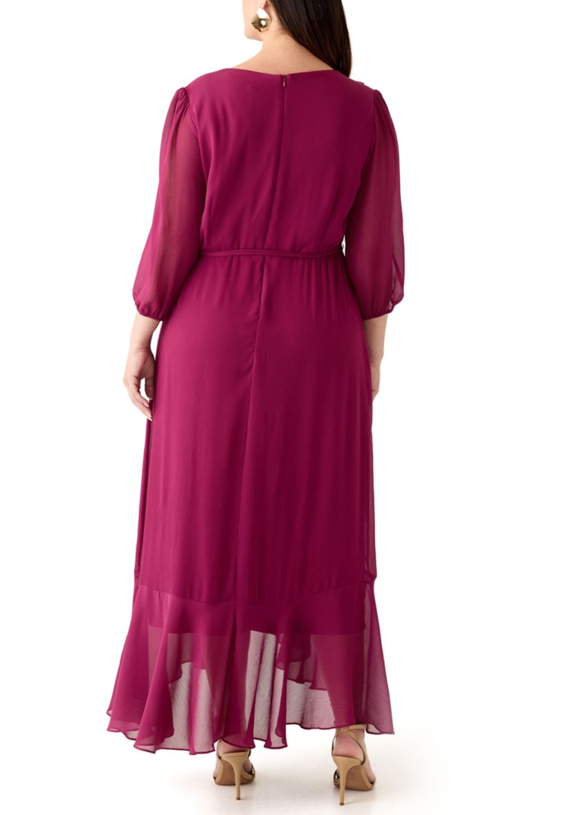  Plus Size 3/4 Blouson Sleeve Chiffon Maxi Dress