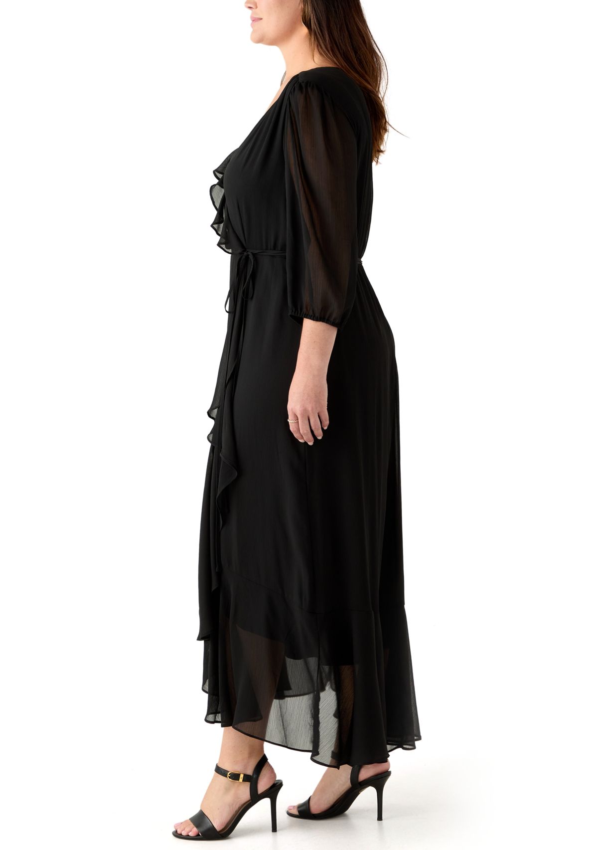  Plus Size 3/4 Blouson Sleeve Chiffon Maxi Dress