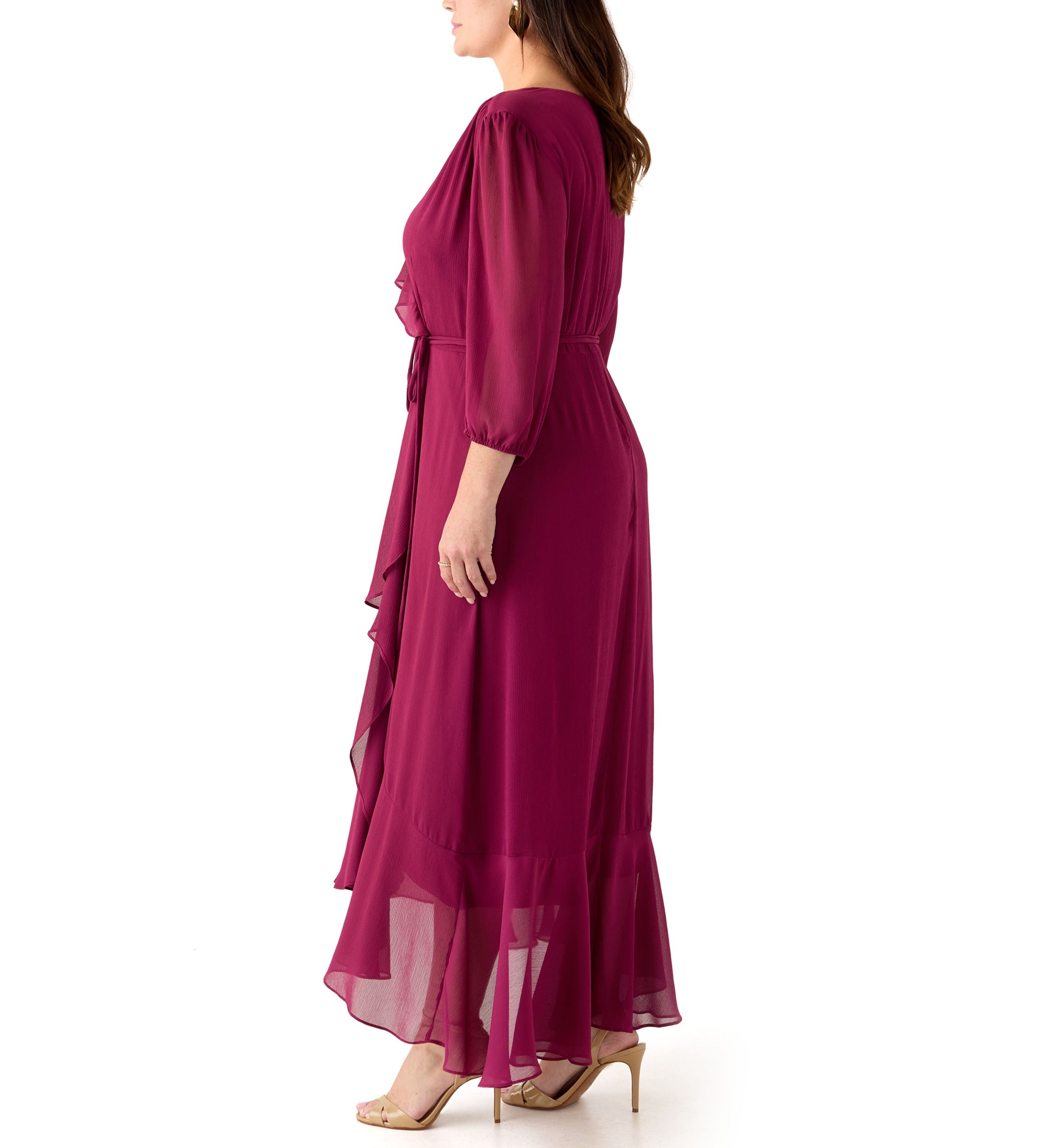  Plus Size 3/4 Blouson Sleeve Chiffon Maxi Dress