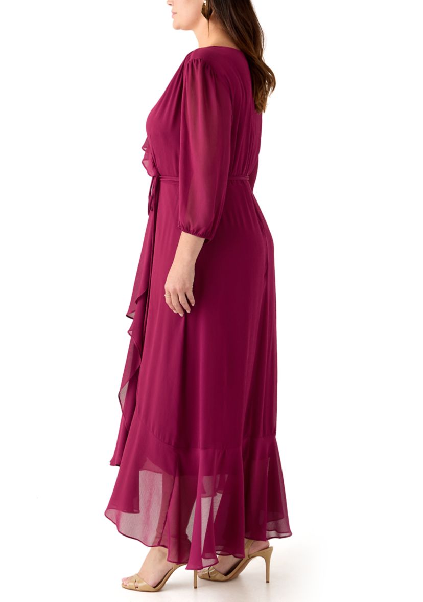  Plus Size 3/4 Blouson Sleeve Chiffon Maxi Dress