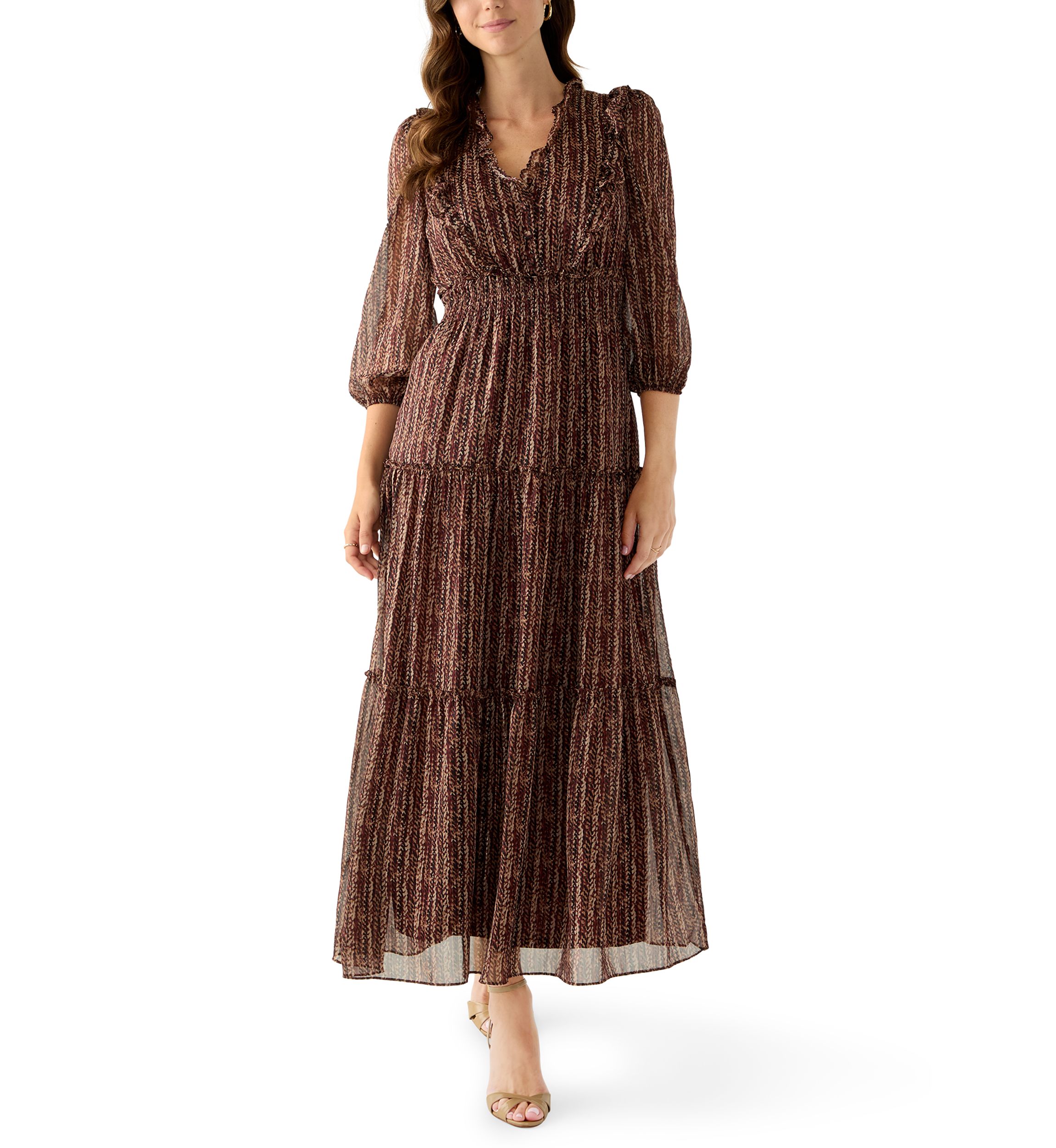 Womens V-Neck Print Chiffon Maxi Dress