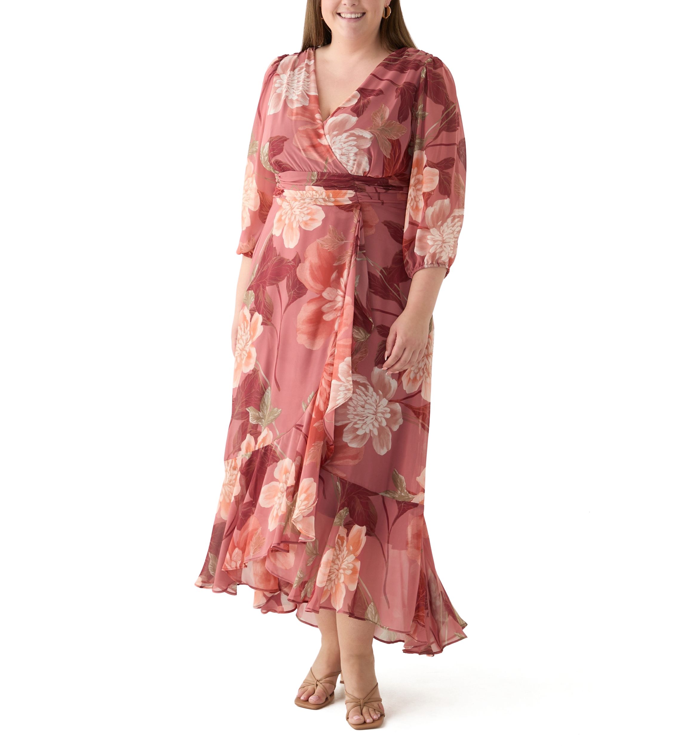 Plus Size 3/4 Sleeve V-Neck Floral Print Chiffon Maxi Dress