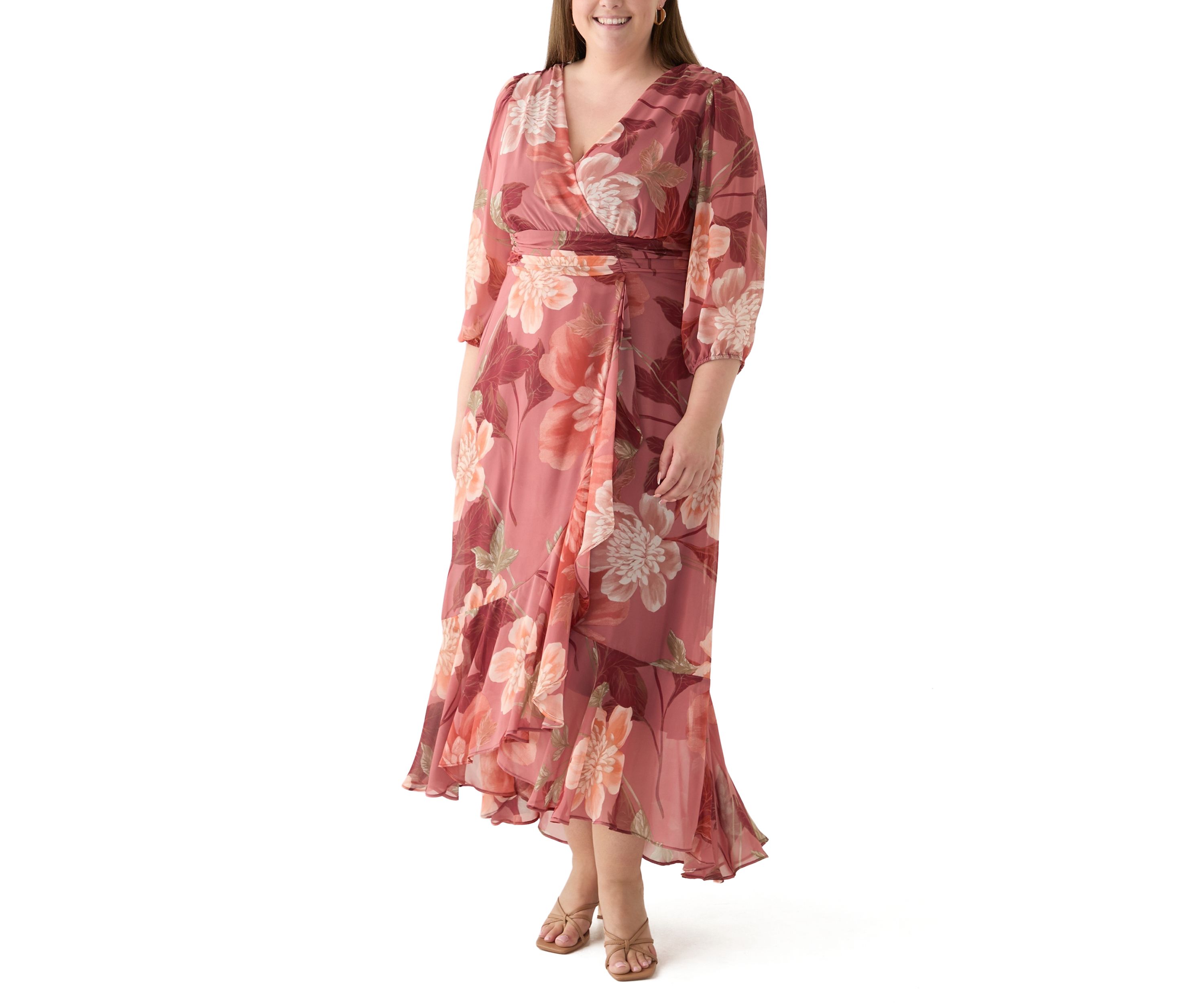 Plus Size 3/4 Sleeve V-Neck Floral Print Chiffon Maxi Dress
