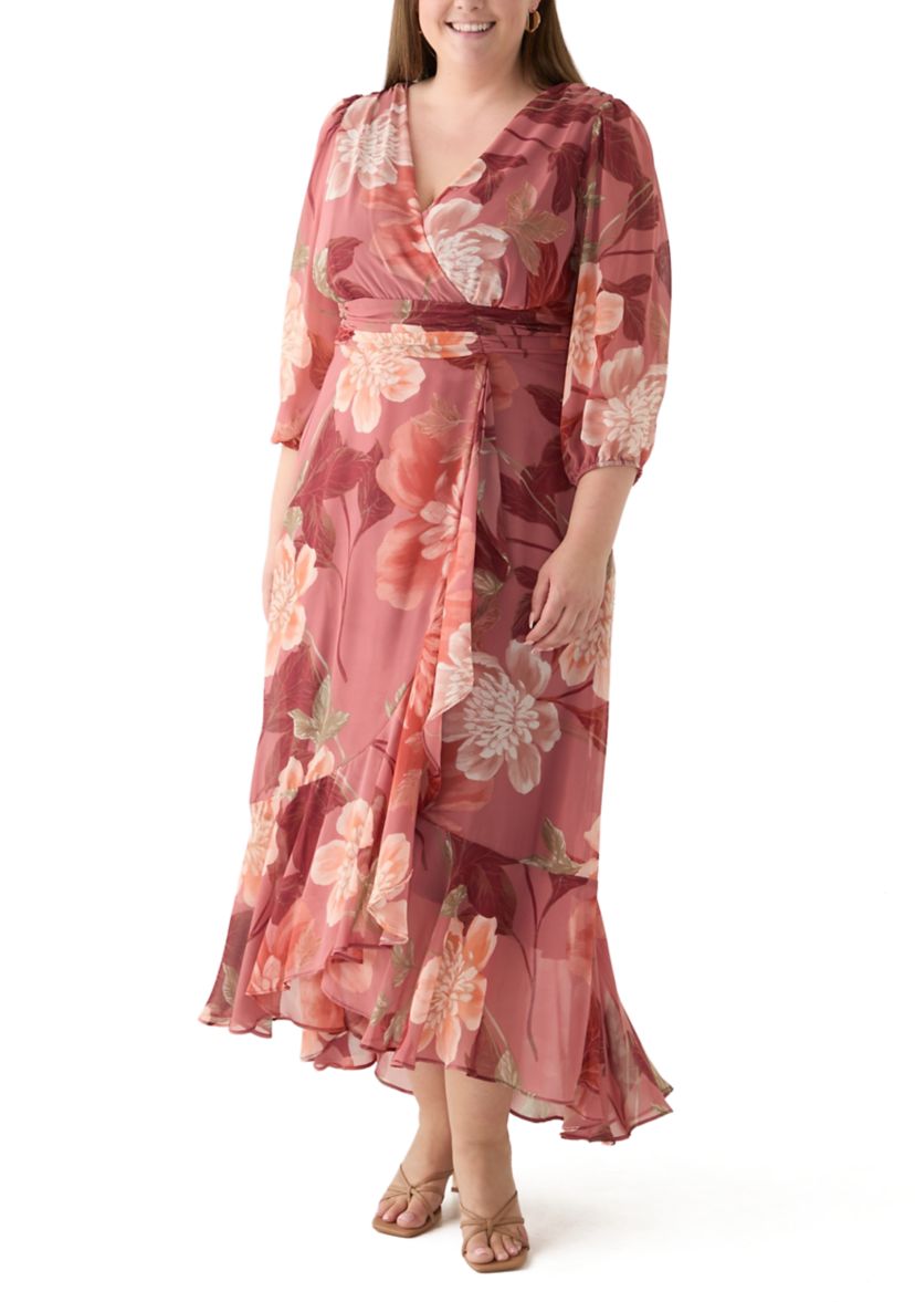 Plus Size 3/4 Sleeve V-Neck Floral Print Chiffon Maxi Dress