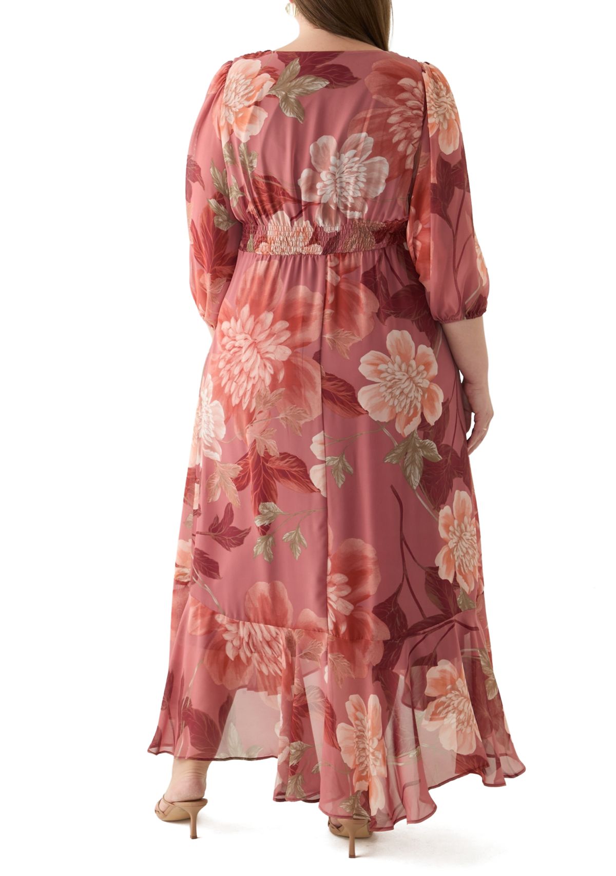 Plus Size 3/4 Sleeve V-Neck Floral Print Chiffon Maxi Dress