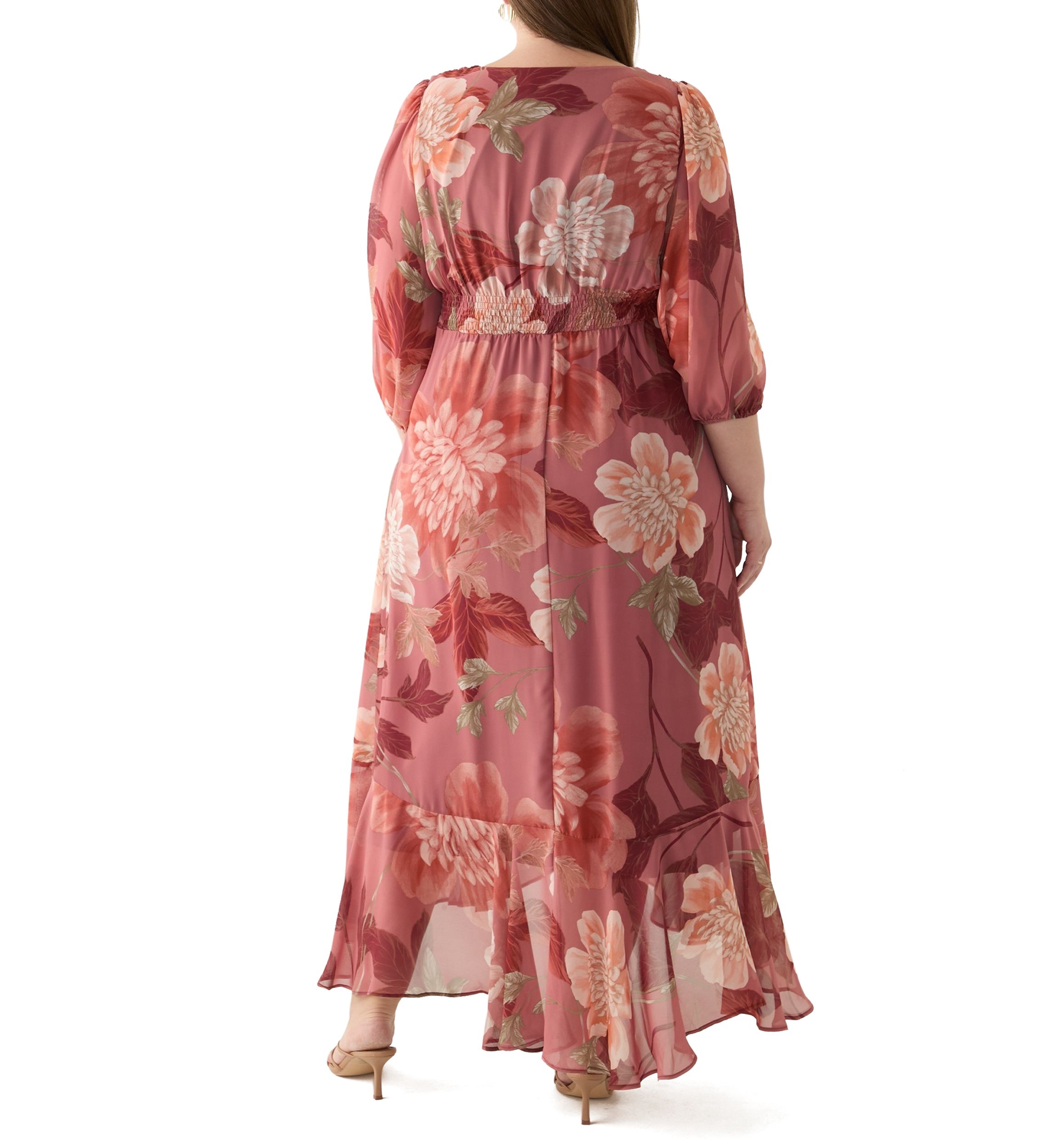 Plus Size 3/4 Sleeve V-Neck Floral Print Chiffon Maxi Dress