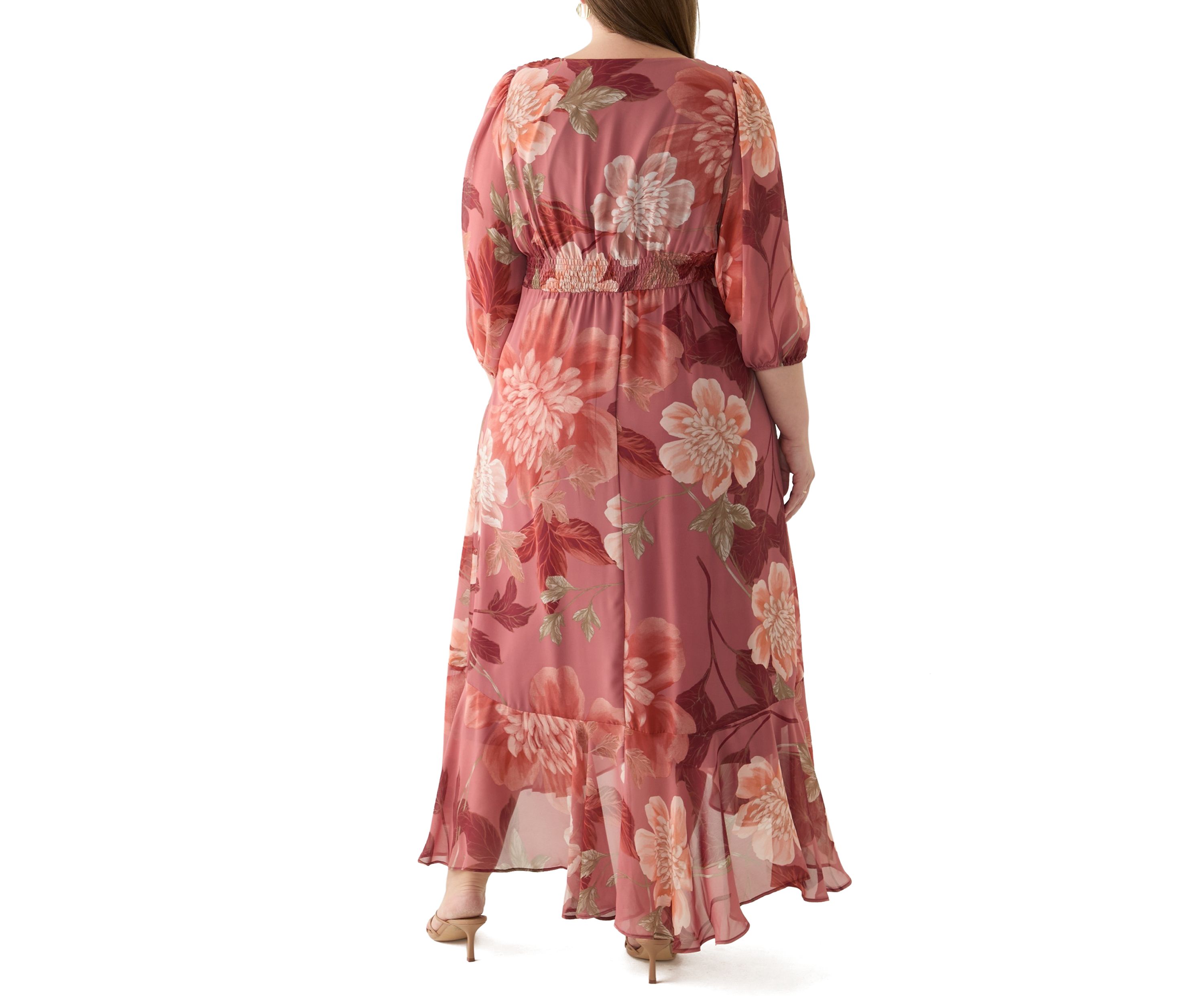 Plus Size 3/4 Sleeve V-Neck Floral Print Chiffon Maxi Dress