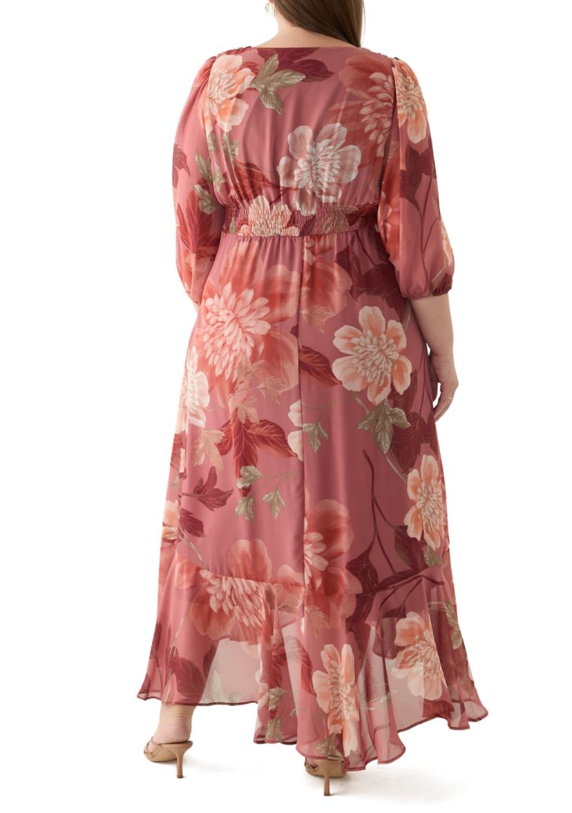 Plus Size 3/4 Sleeve V-Neck Floral Print Chiffon Maxi Dress