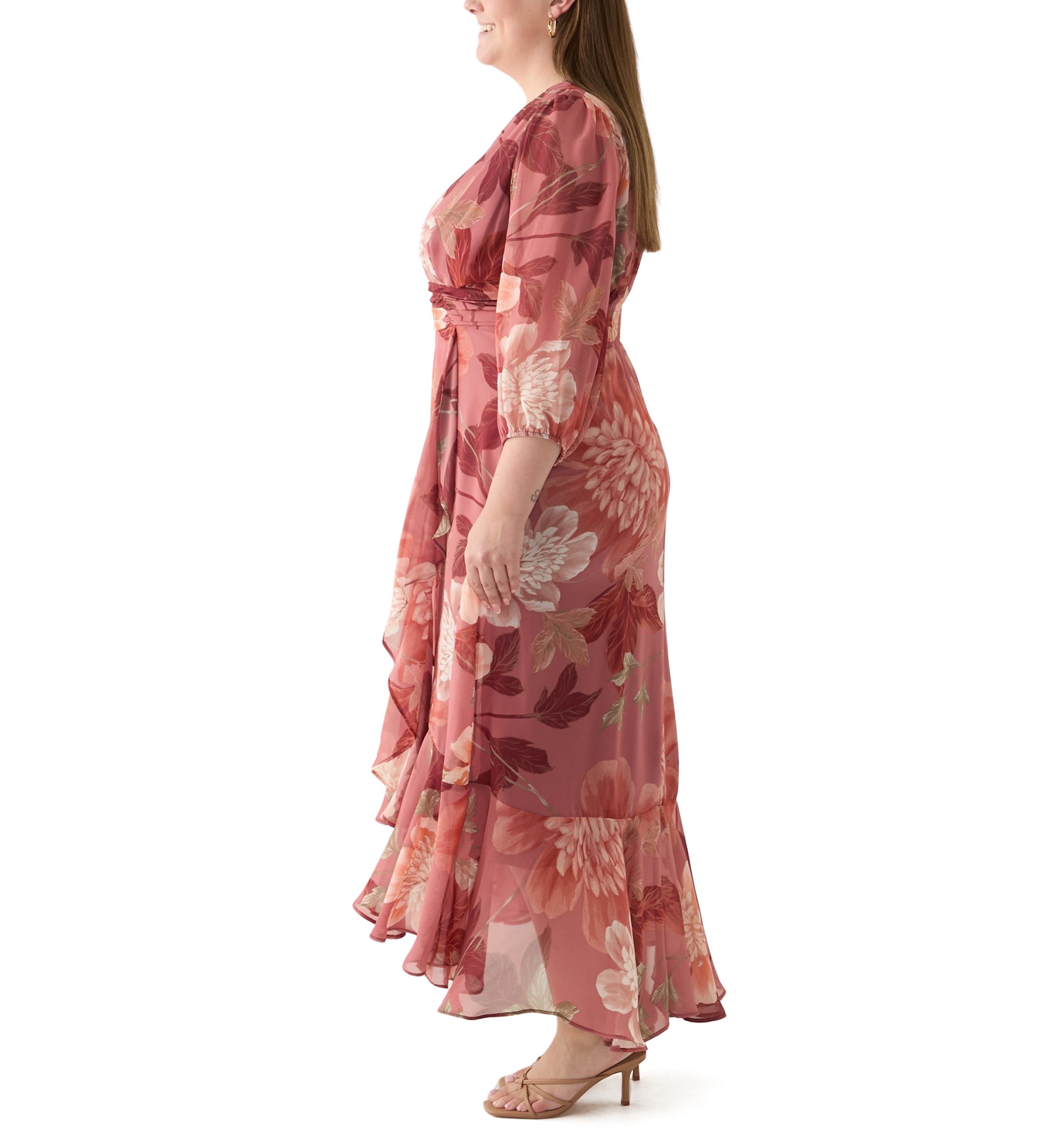 Plus Size 3/4 Sleeve V-Neck Floral Print Chiffon Maxi Dress