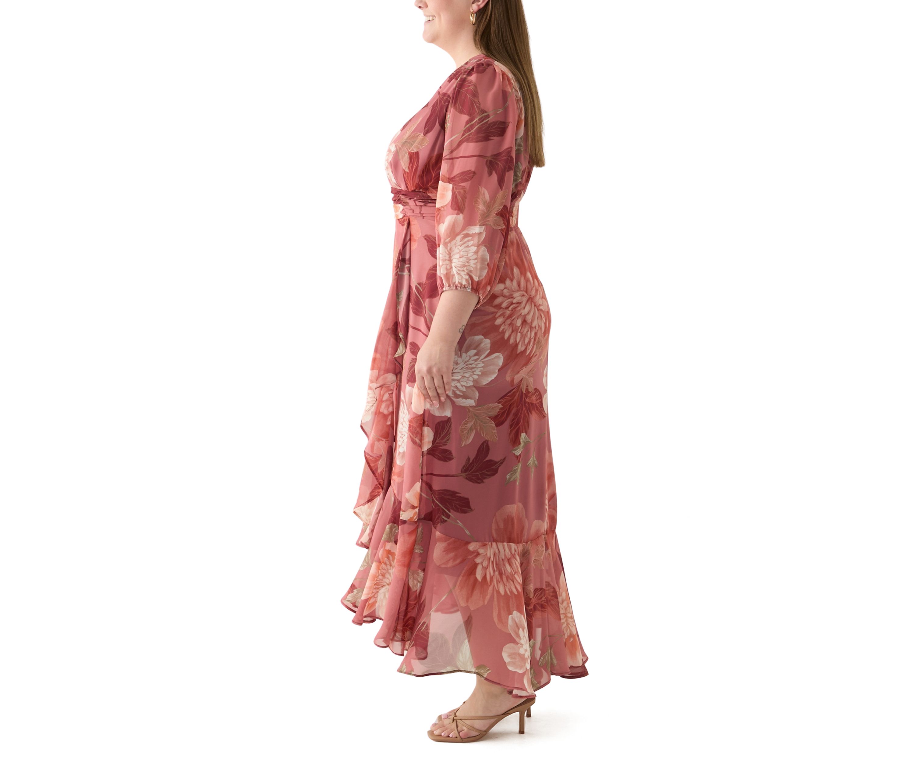 Plus Size 3/4 Sleeve V-Neck Floral Print Chiffon Maxi Dress