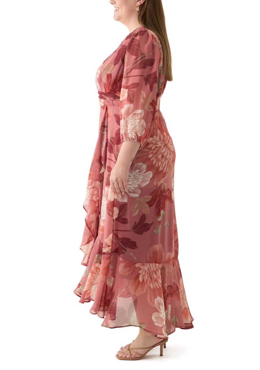Plus Size 3/4 Sleeve V-Neck Floral Print Chiffon Maxi Dress