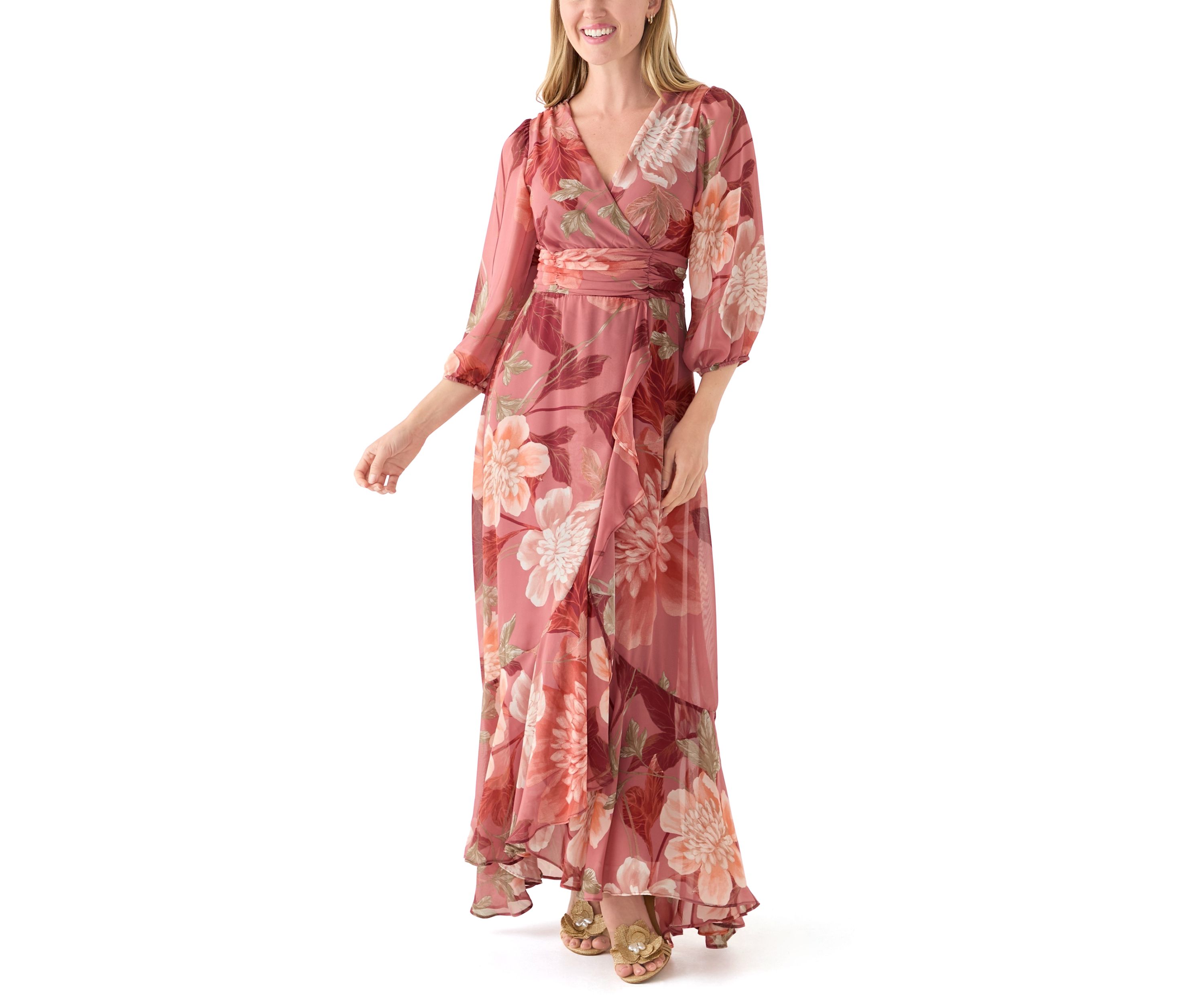 Womens 3/4 Sleeve Floral Chiffon Maxi Dress