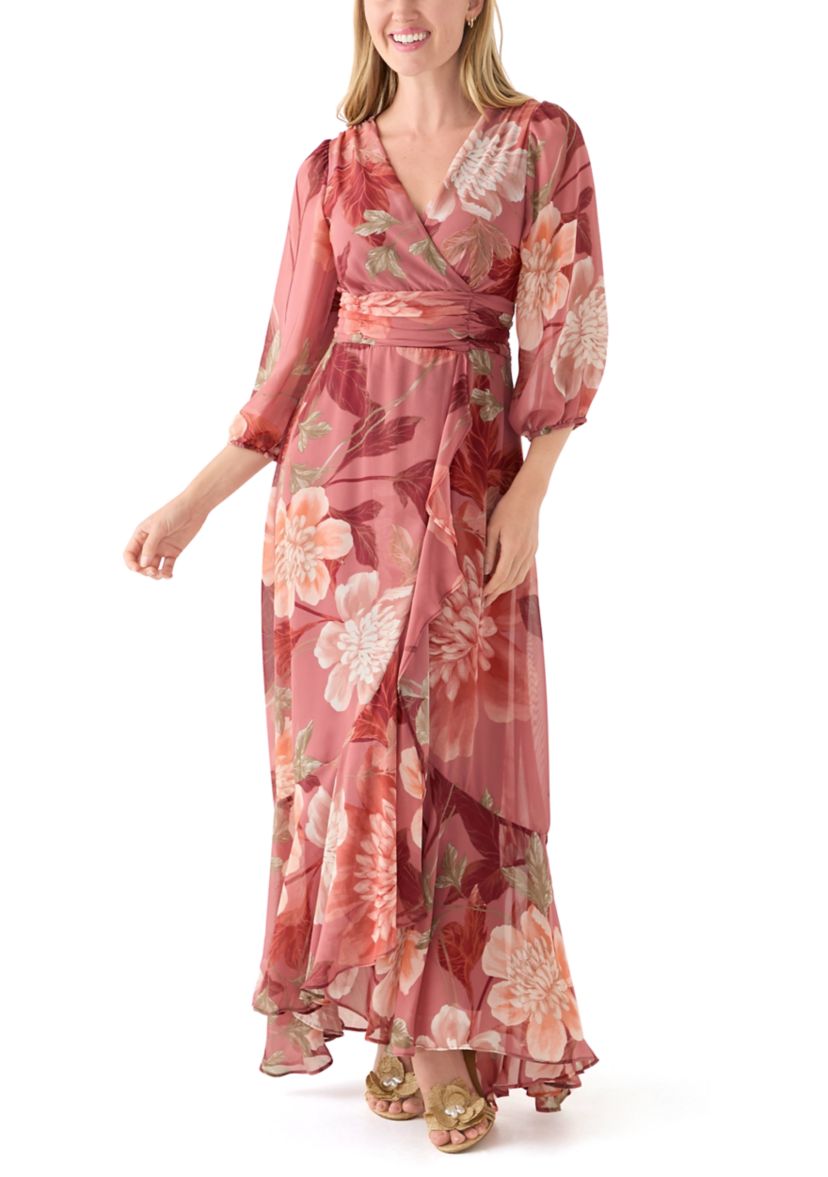 Womens 3/4 Sleeve Floral Chiffon Maxi Dress