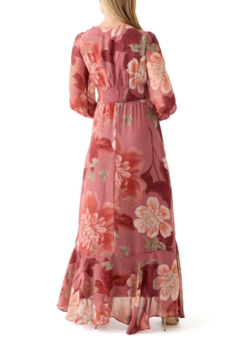 Womens 3/4 Sleeve Floral Chiffon Maxi Dress