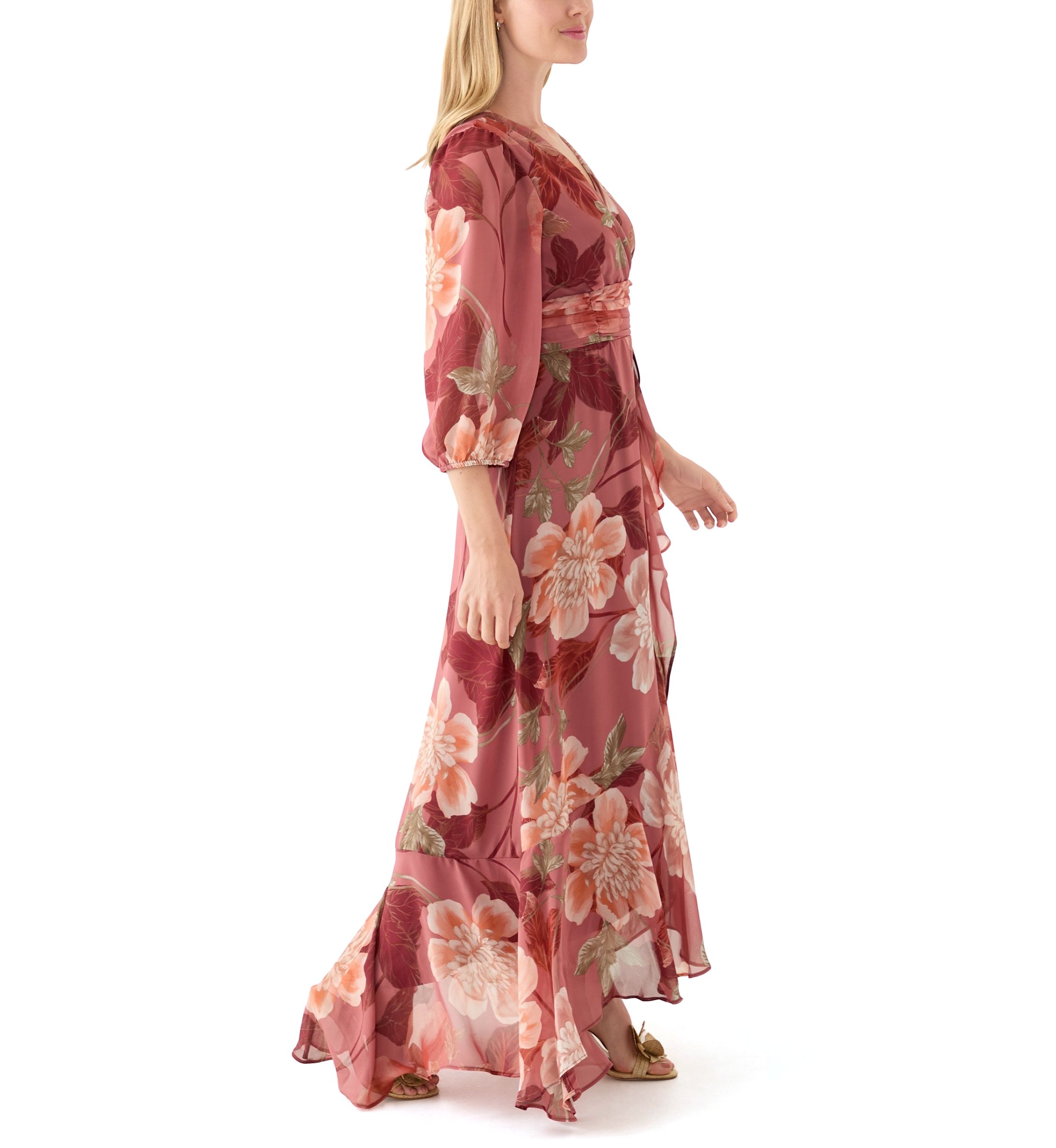 Womens 3/4 Sleeve Floral Chiffon Maxi Dress