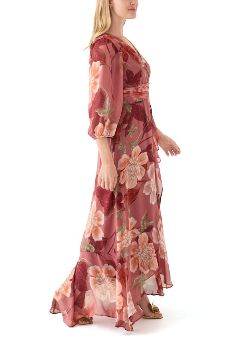 Womens 3/4 Sleeve Floral Chiffon Maxi Dress