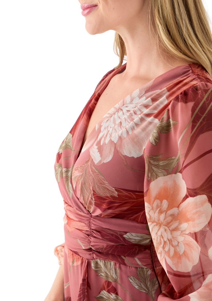 Womens 3/4 Sleeve Floral Chiffon Maxi Dress