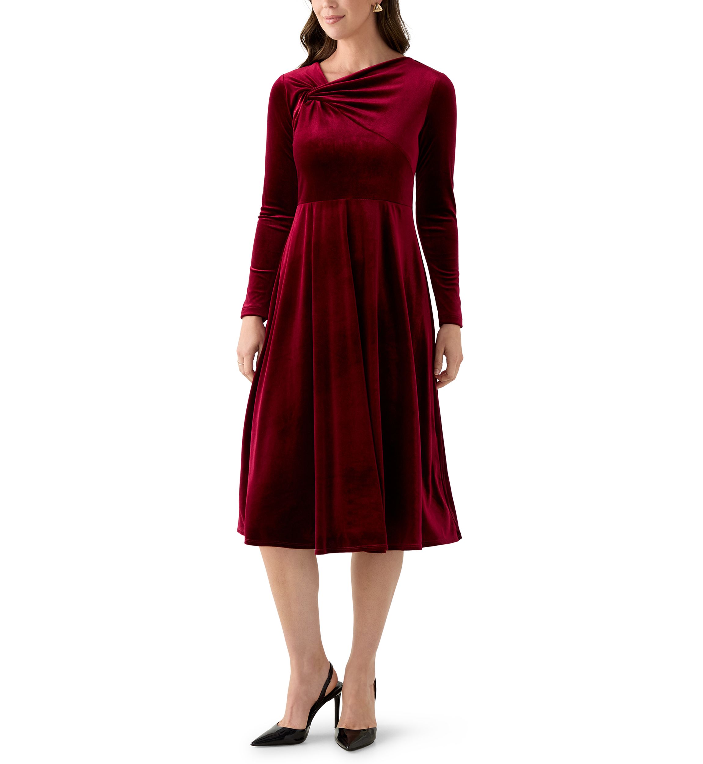 Womens Asymmetrical Neck Fit and Flare Velvet Dress