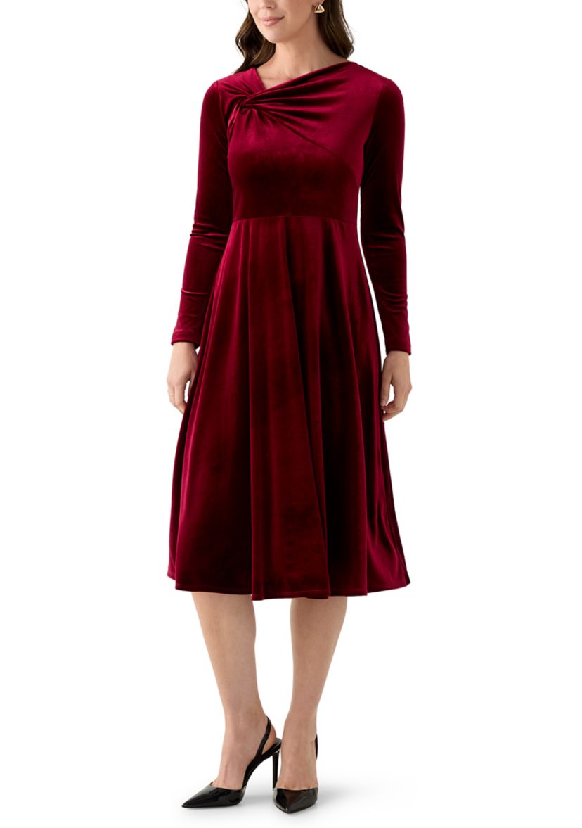 Womens Asymmetrical Neck Fit and Flare Velvet Dress