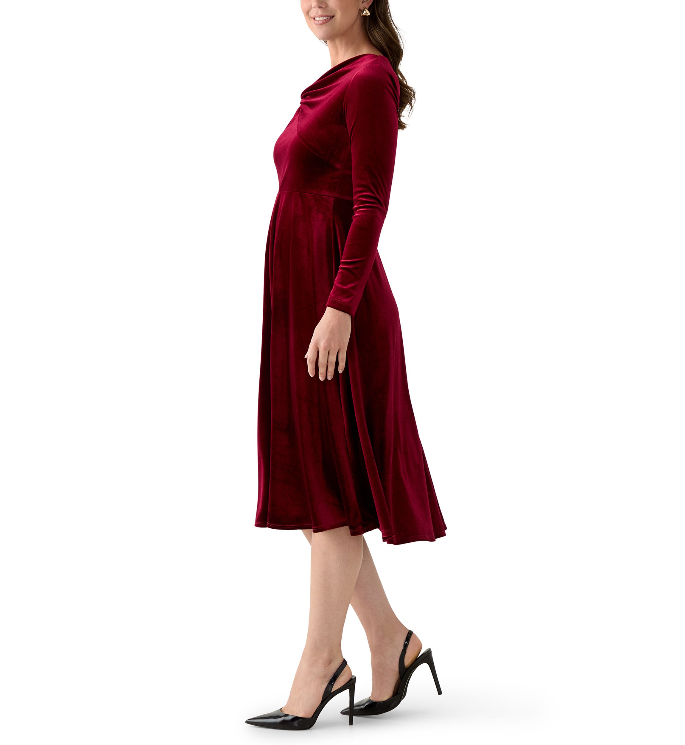 Womens Asymmetrical Neck Fit and Flare Velvet Dress