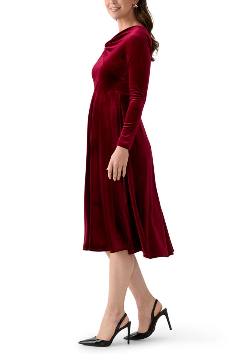 Womens Asymmetrical Neck Fit and Flare Velvet Dress