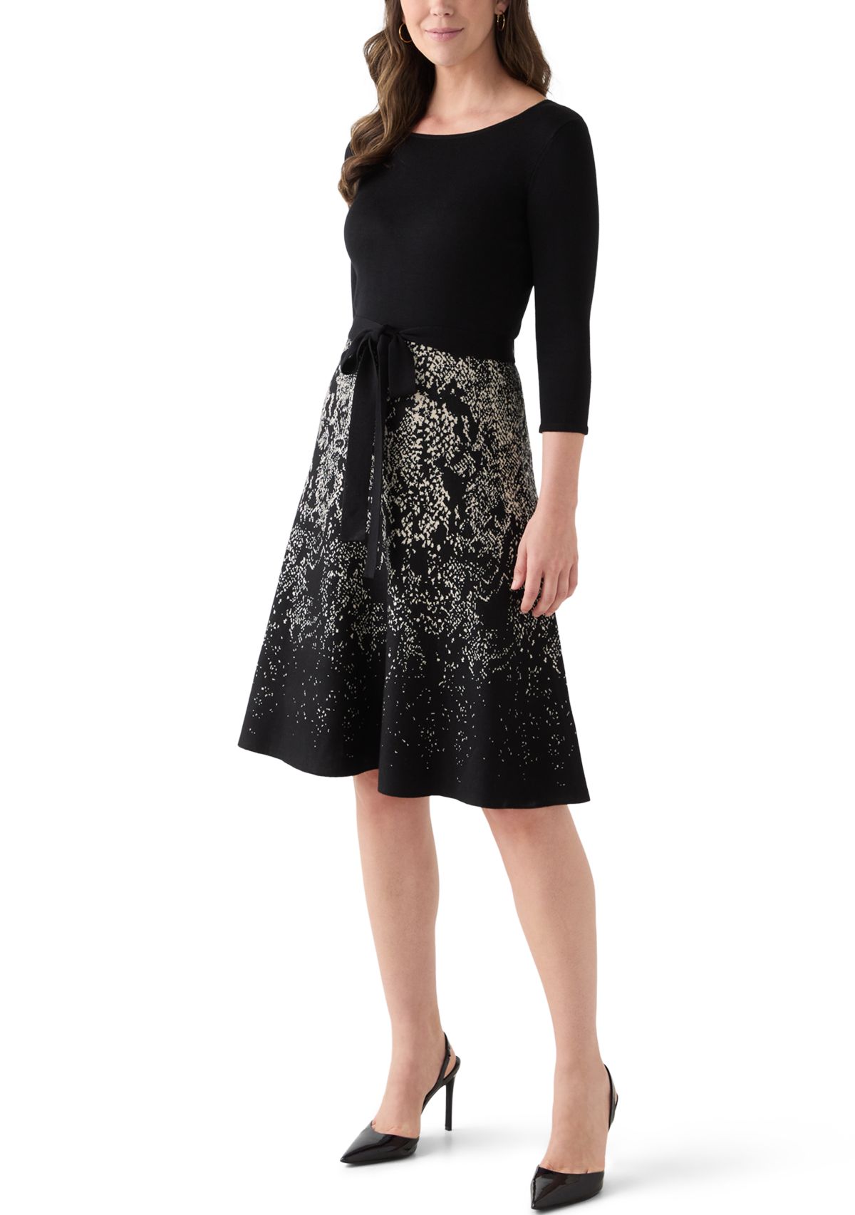 Womens Crew Neck Fit and Flare Print Sweater Dress
