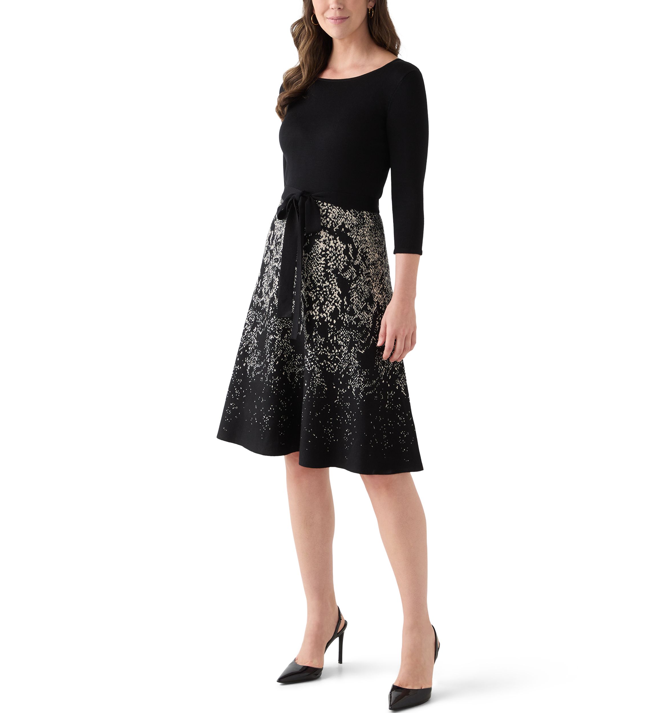 Womens Crew Neck Fit and Flare Print Sweater Dress